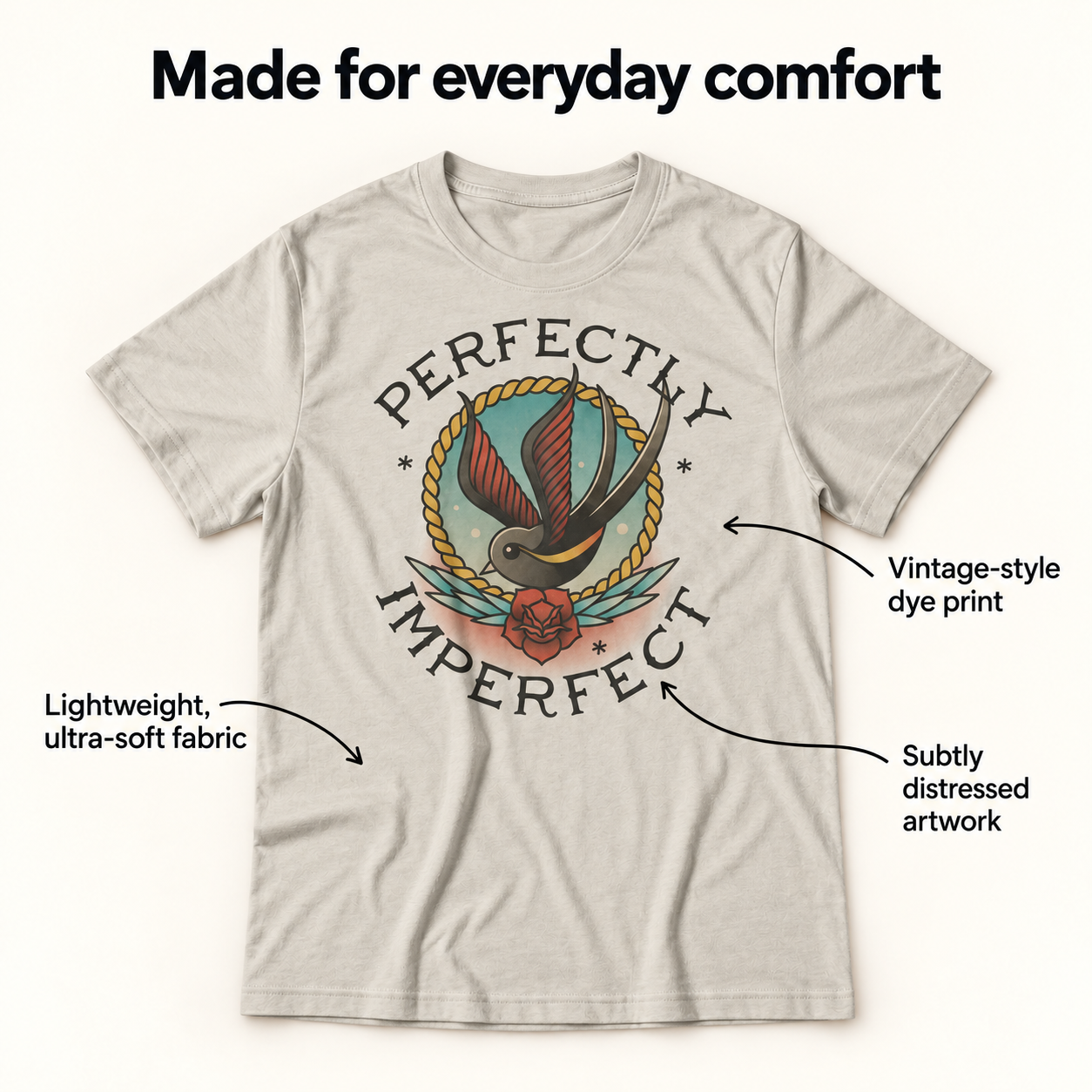 Perfectly Imperfect tri-blend tee details