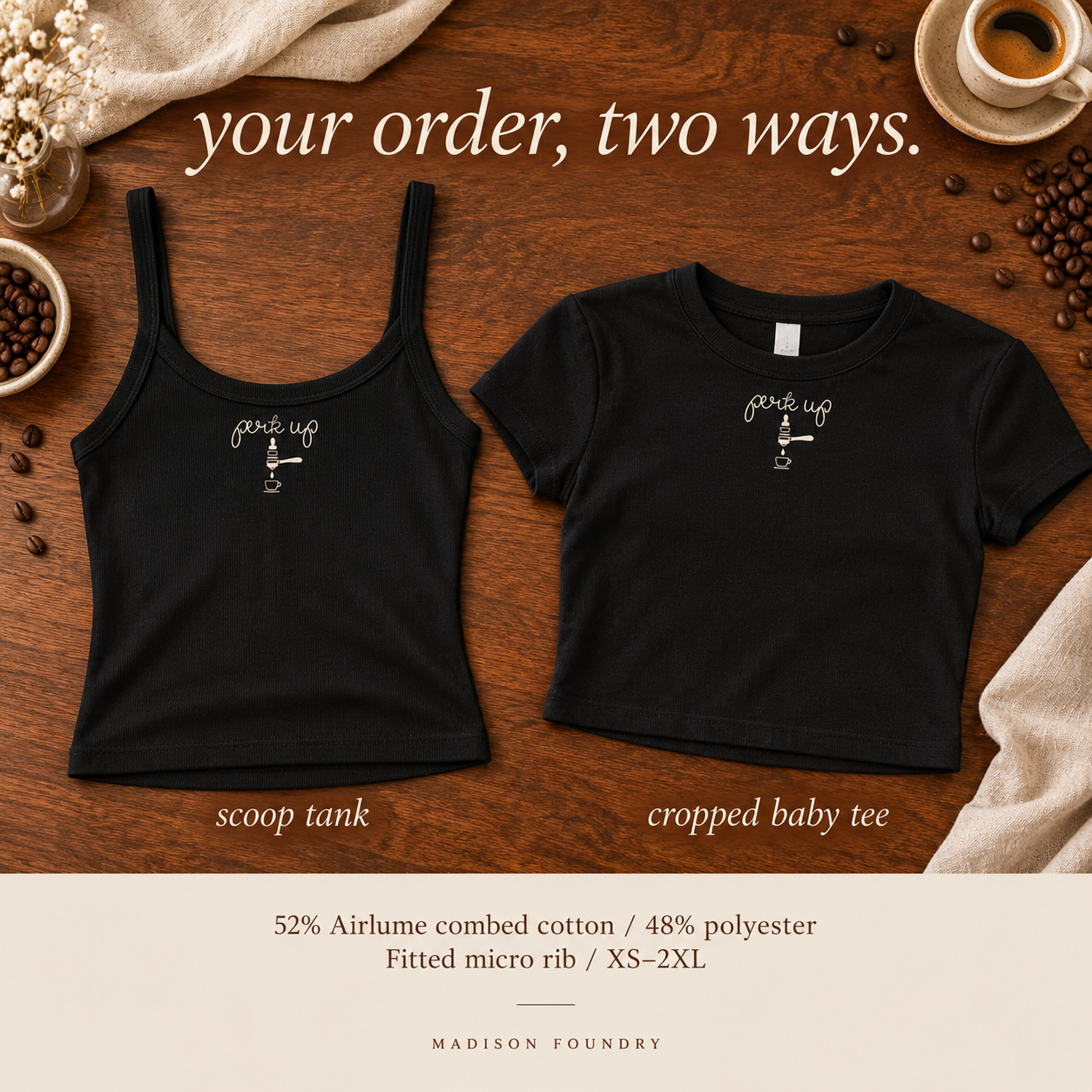 Perk Up embroidered tank and baby tee — details