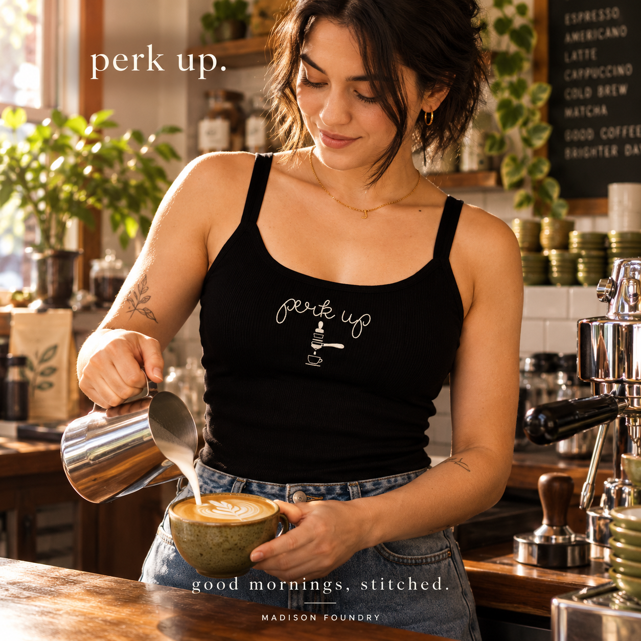 Perk Up embroidered tank and baby tee — hero