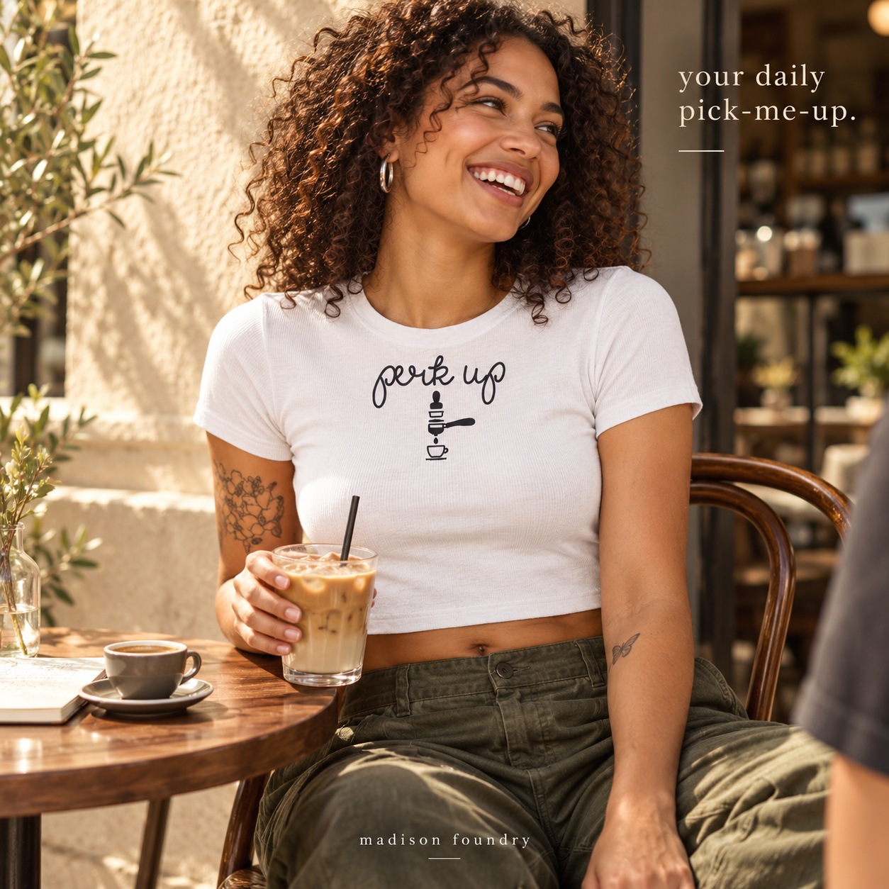 Perk Up embroidered tank and baby tee — lifestyle