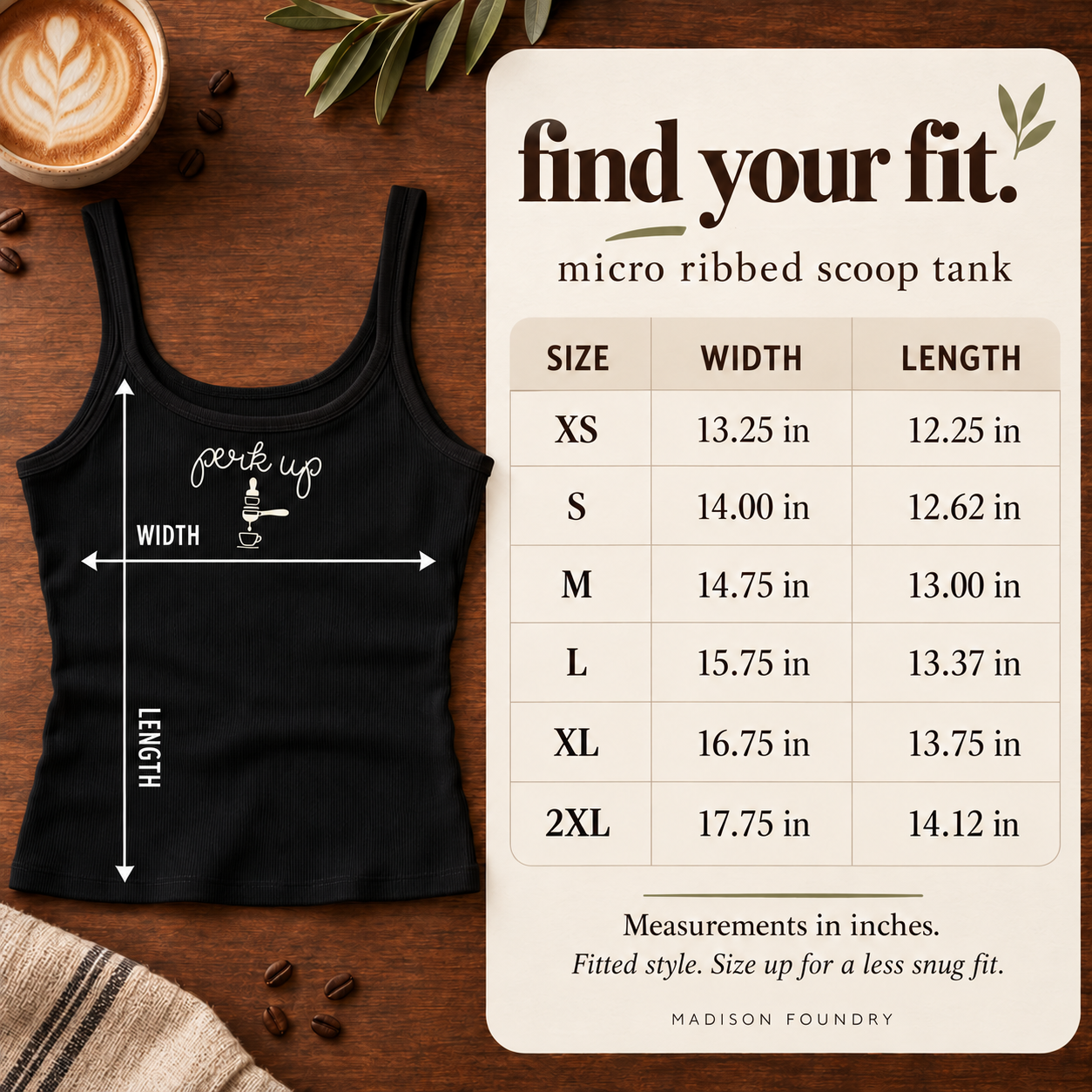Perk Up — scoop tank size chart in inches XS–2XL