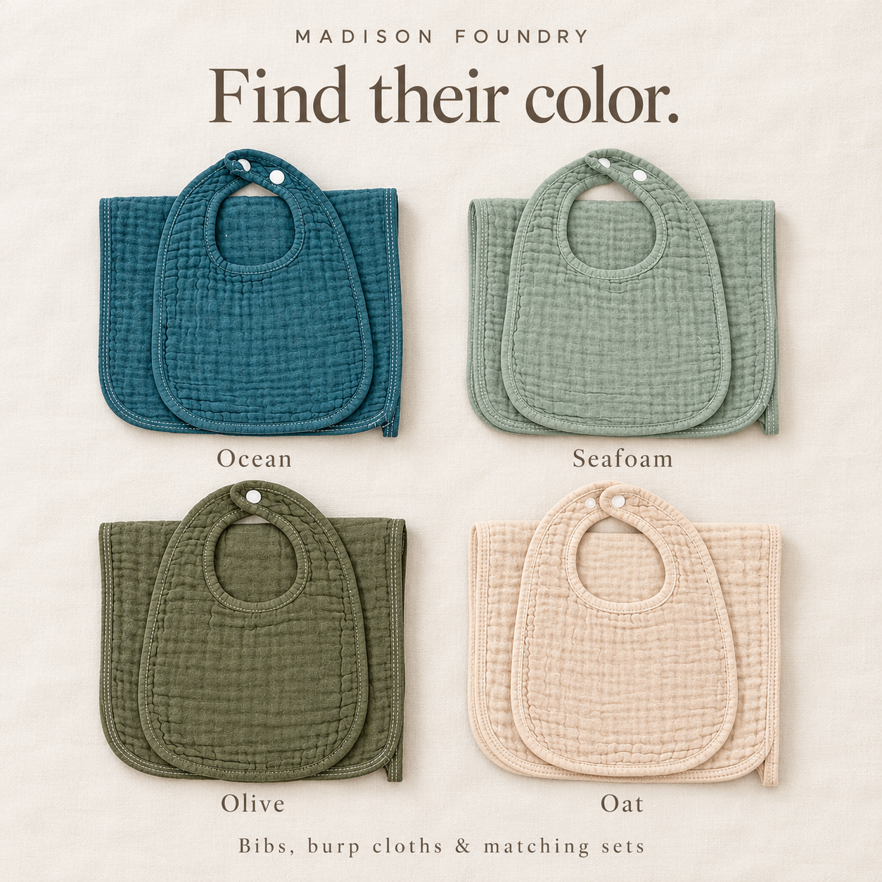 Muslin baby gift fabric color guide Ocean, Seafoam, Olive, Oat