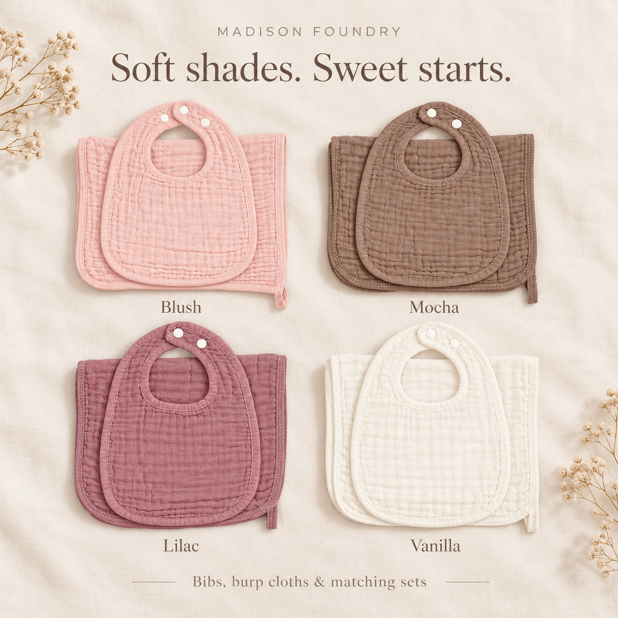 Muslin baby gift fabric color guide Blush, Mocha, Lilac, Vanilla