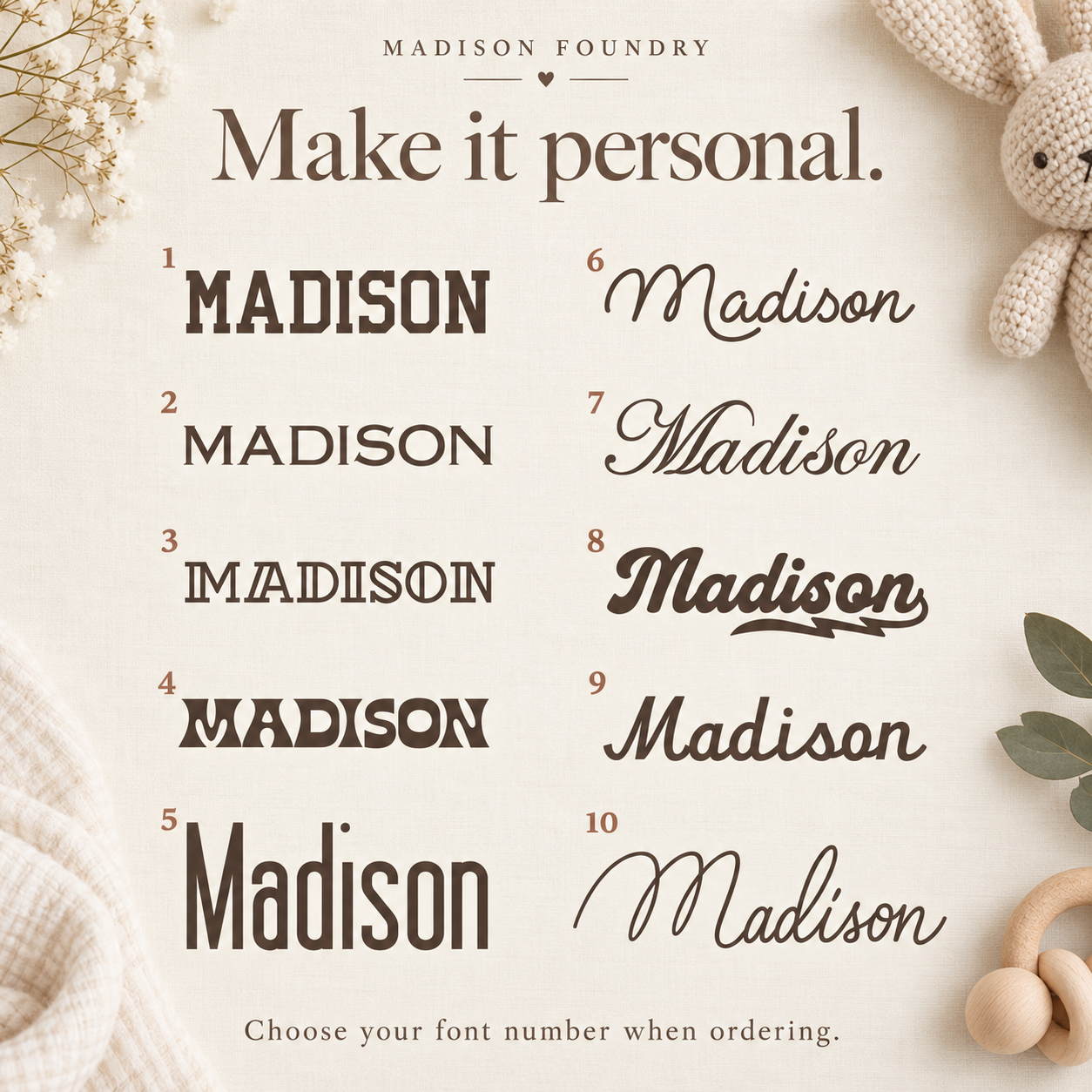 Ten numbered embroidery font options