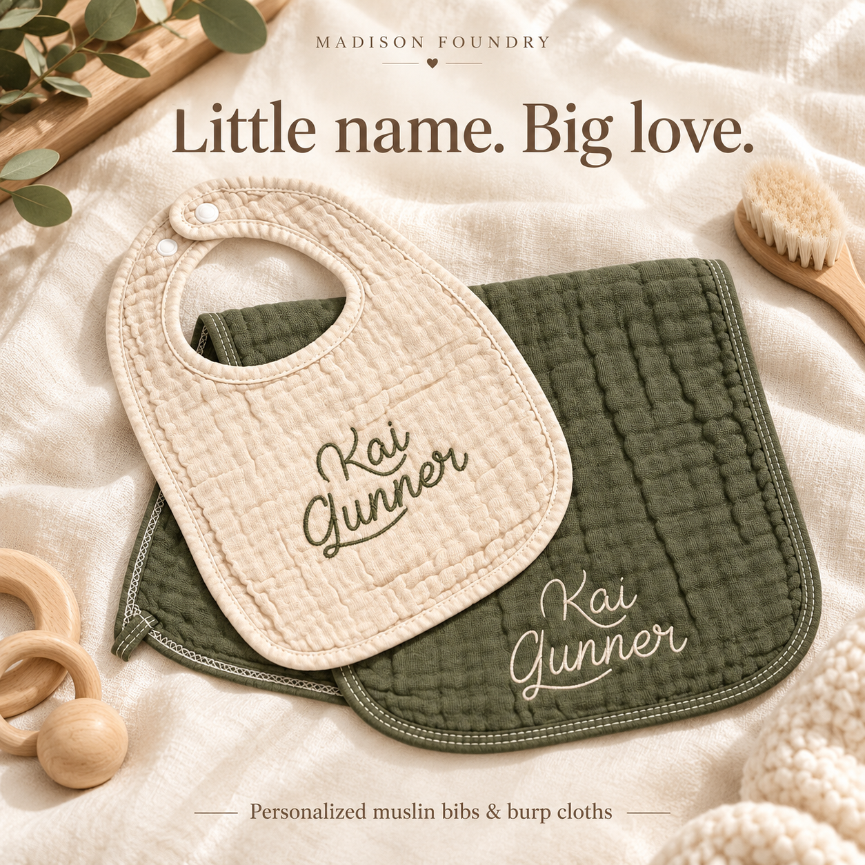Little name. Big love. Personalized muslin baby bib and burp cloth