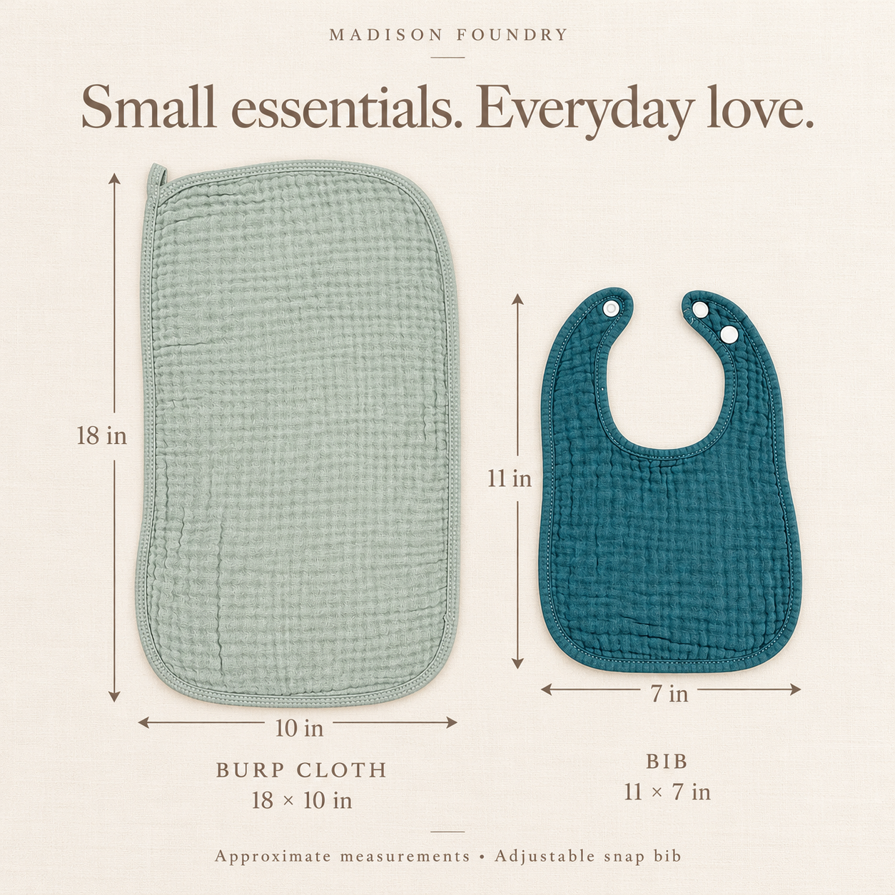Muslin bib and burp cloth size guide