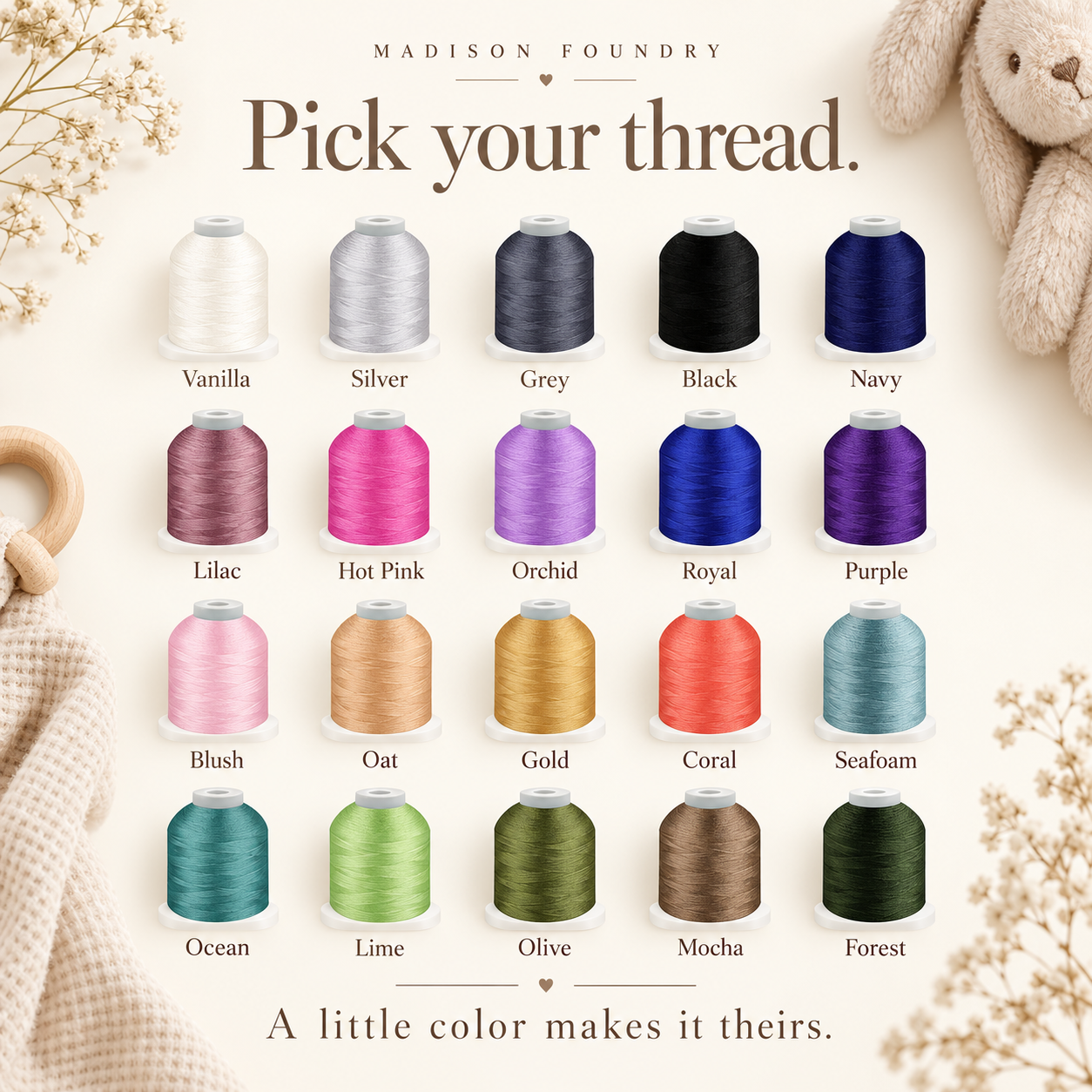 Twenty embroidery thread color choices