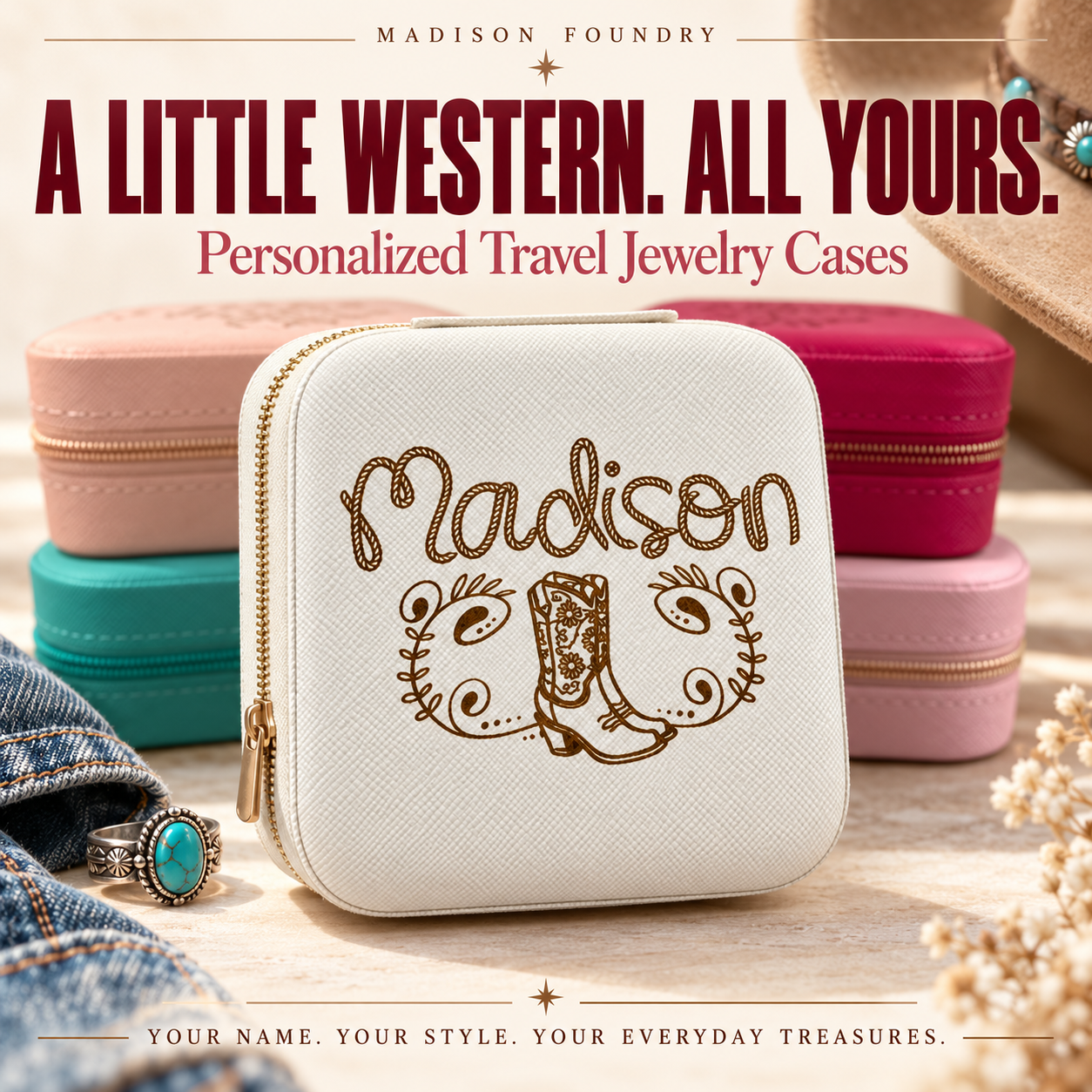 Personalized western jewelry case with rope name and cowboy boot