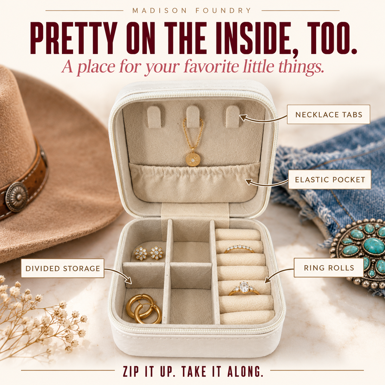 Jewelry case interior necklace tabs pocket compartments and ring rolls
