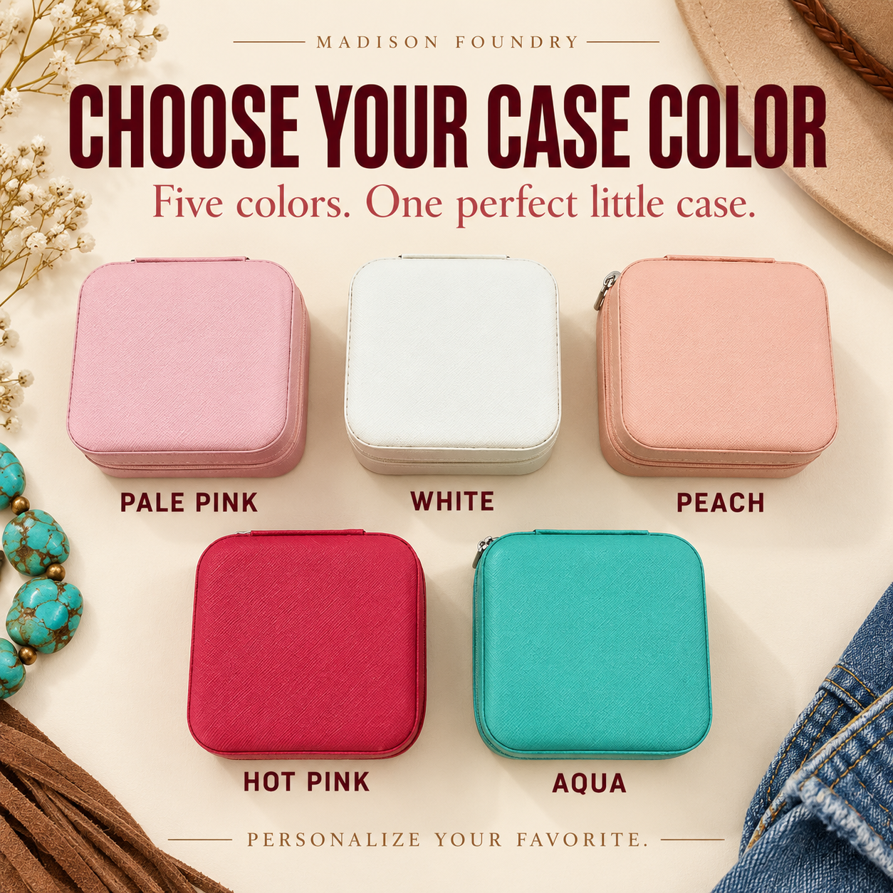 Five jewelry case colors pale pink white peach hot pink aqua