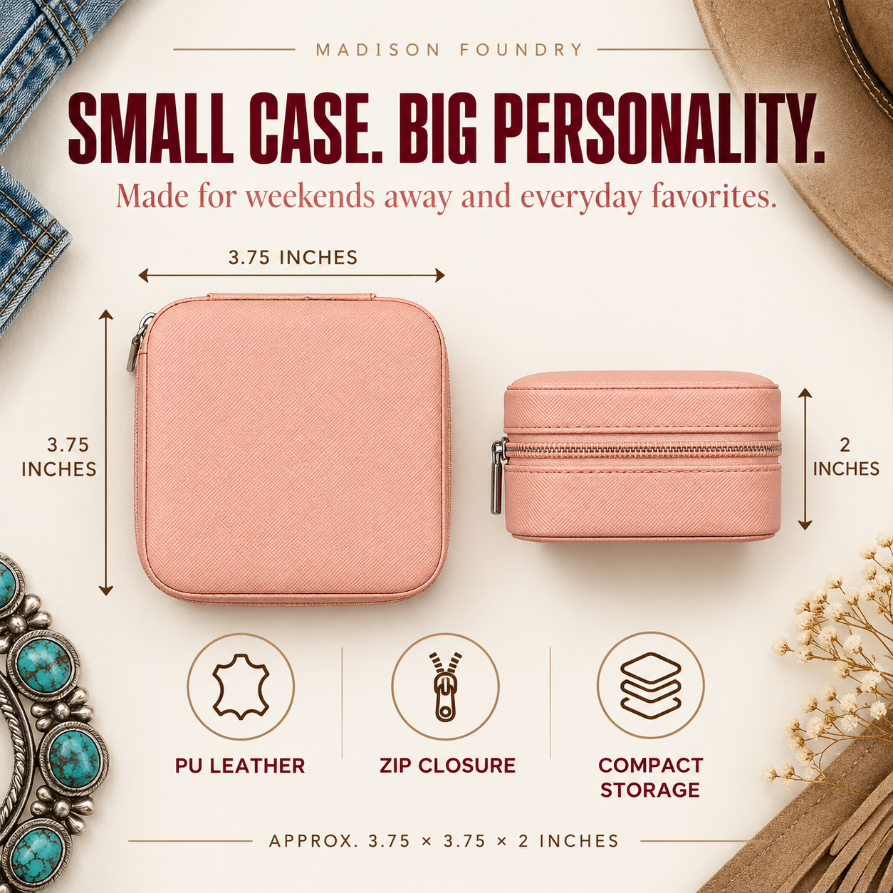 Jewelry case dimensions 3.75 by 3.75 by 2 inches
