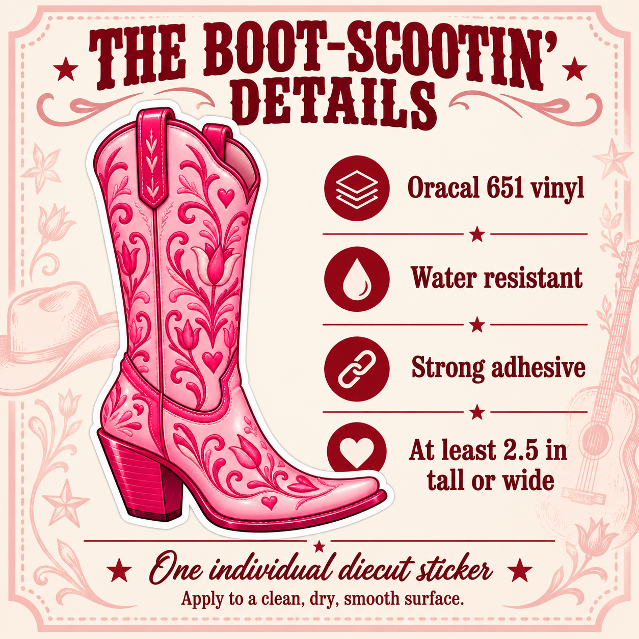 Pink Cowgirl Boot vinyl sticker specifications and application details.
