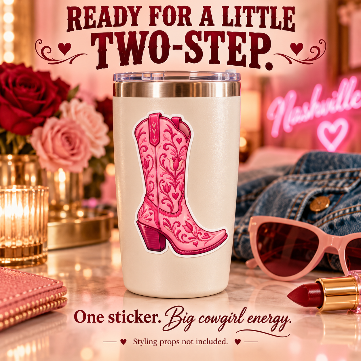 Pink Cowgirl Boot sticker styled on an ivory tumbler; props not included.