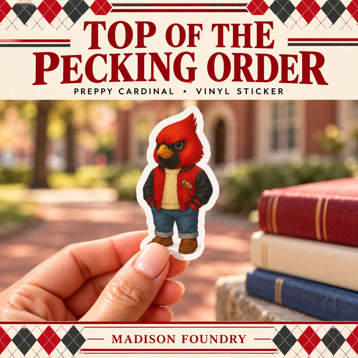 Hand-held preppy cardinal varsity jacket sticker in a red, cream and charcoal campus campaign.