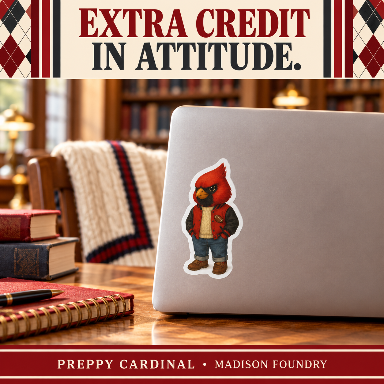 Preppy cardinal sticker applied to a silver laptop in a warm campus library with books and a cream sweater.