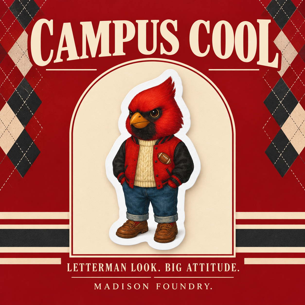 Preppy red cardinal in a varsity jacket, Campus Cool design spotlight with red and cream argyle framing.