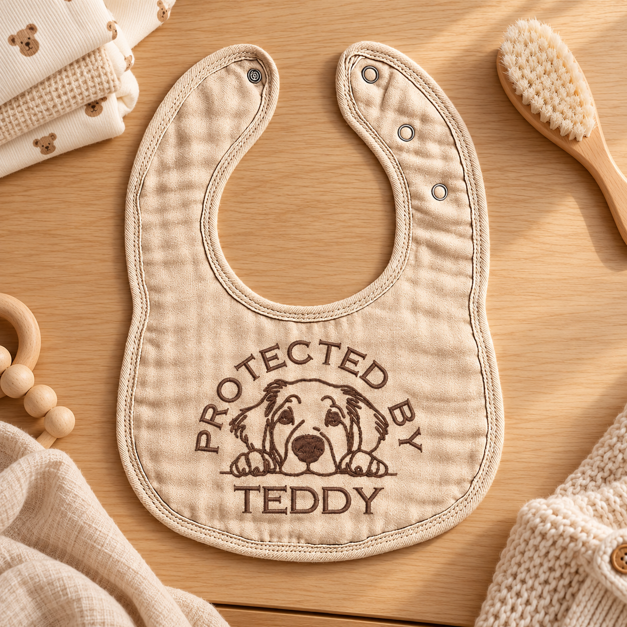 Embroidered Teddy Bib Nursery Flat Lay