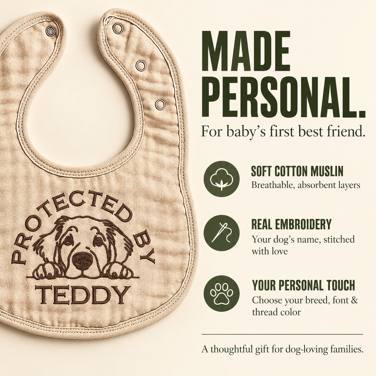 Personalized embroidered muslin bib