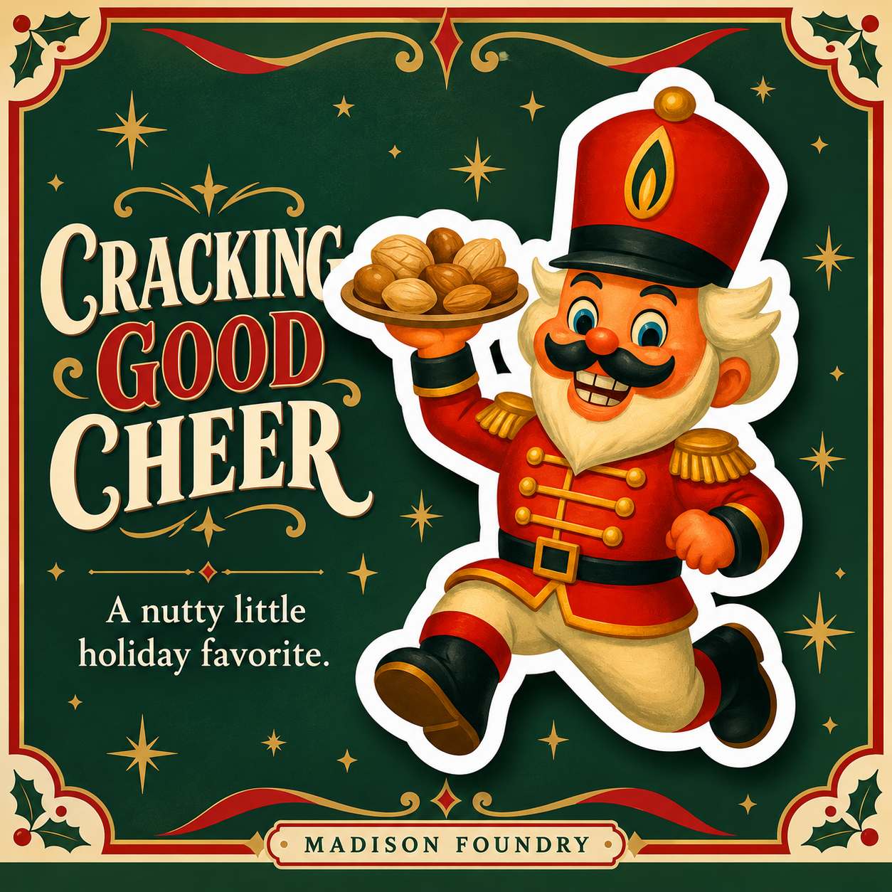Cracking Good Cheer design spotlight featuring the nutcracker holding a tray of nuts against evergreen, red and gold holiday ornamentation.