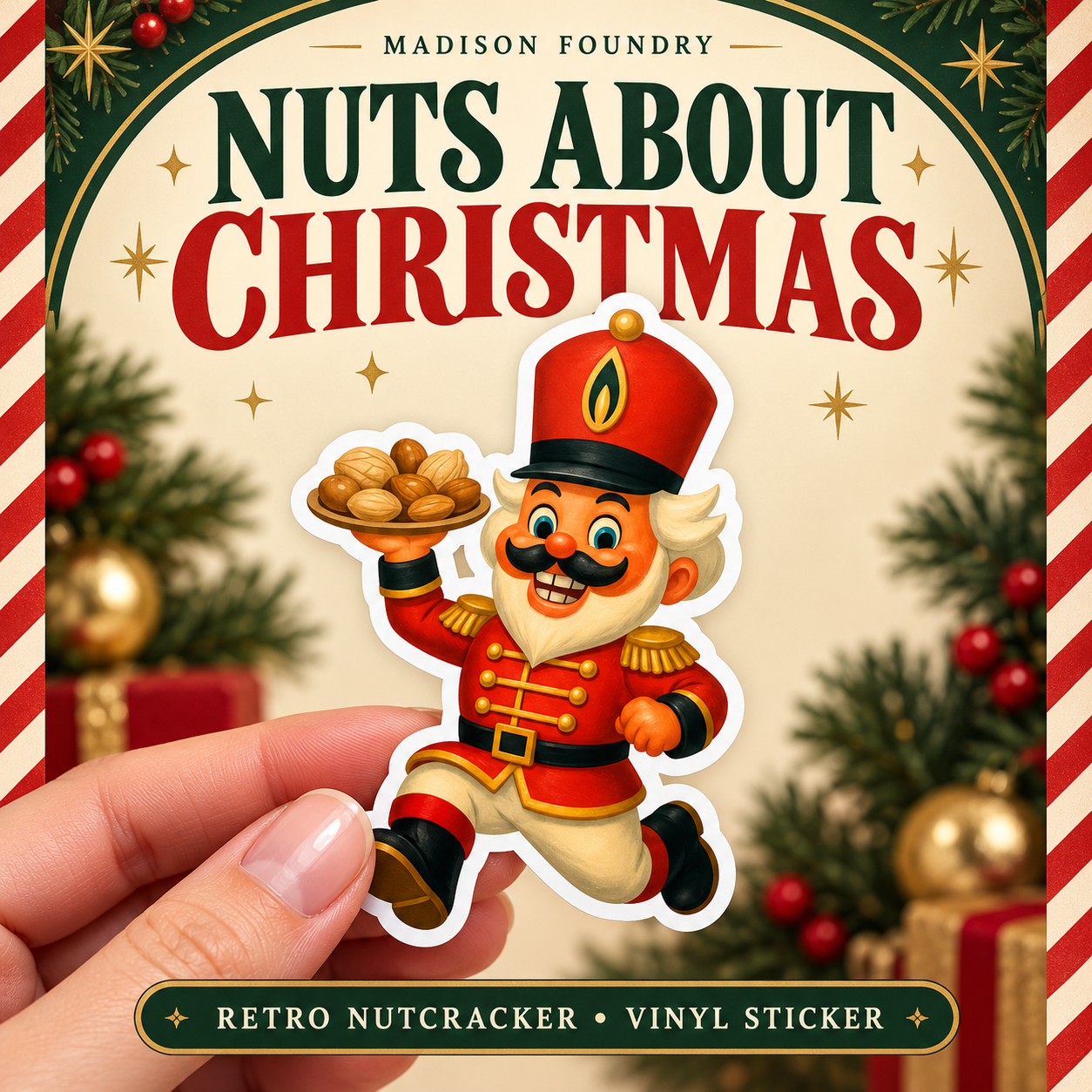 Hand-held retro nutcracker vinyl sticker with tray of nuts, framed by festive red, cream and evergreen Christmas styling.