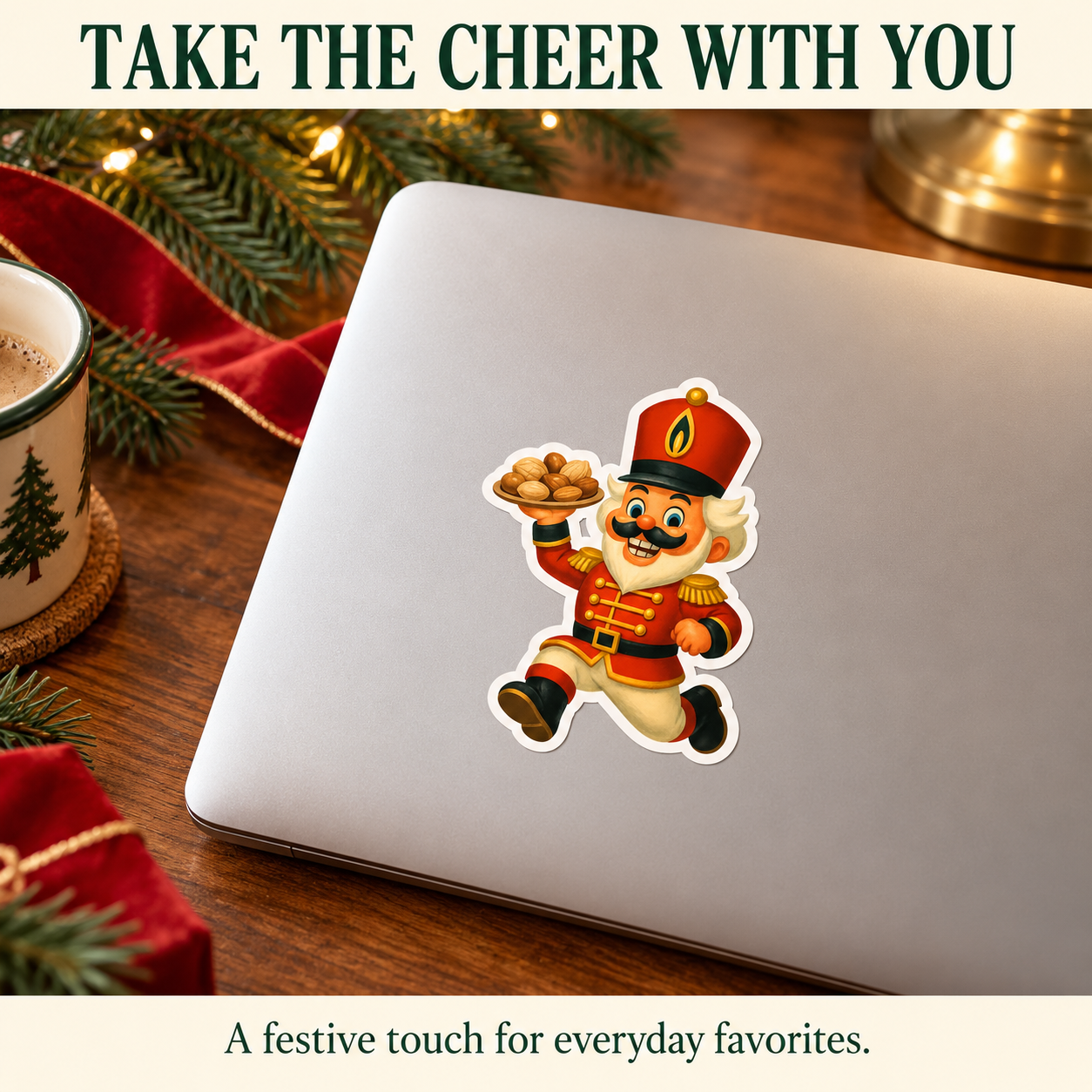 Retro nutcracker vinyl sticker on a silver laptop beside evergreen branches, red ribbon and a warm holiday drink.