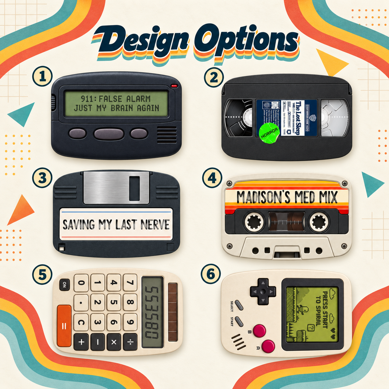 Six retro tech pill box design options