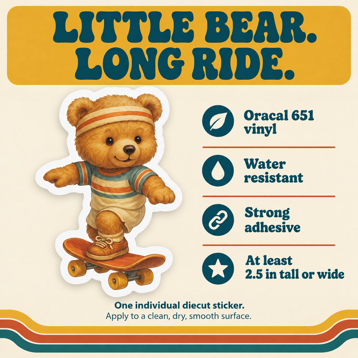 Retro Teddy sticker material, water resistance, adhesive and minimum size details.