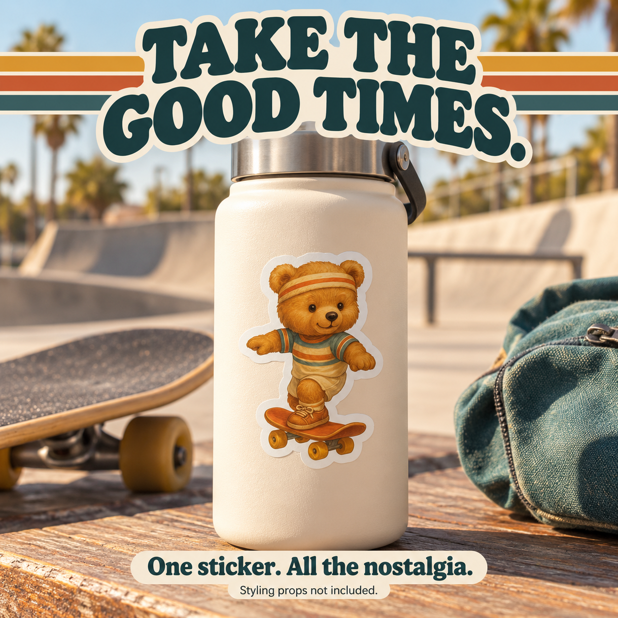 Retro Teddy sticker on a cream bottle at a skatepark; styling props not included.