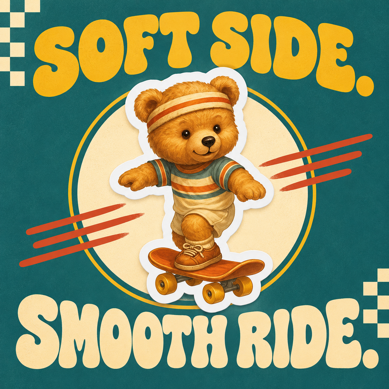 Retro Teddy sticker with Soft Side. Smooth Ride. retro skate poster.