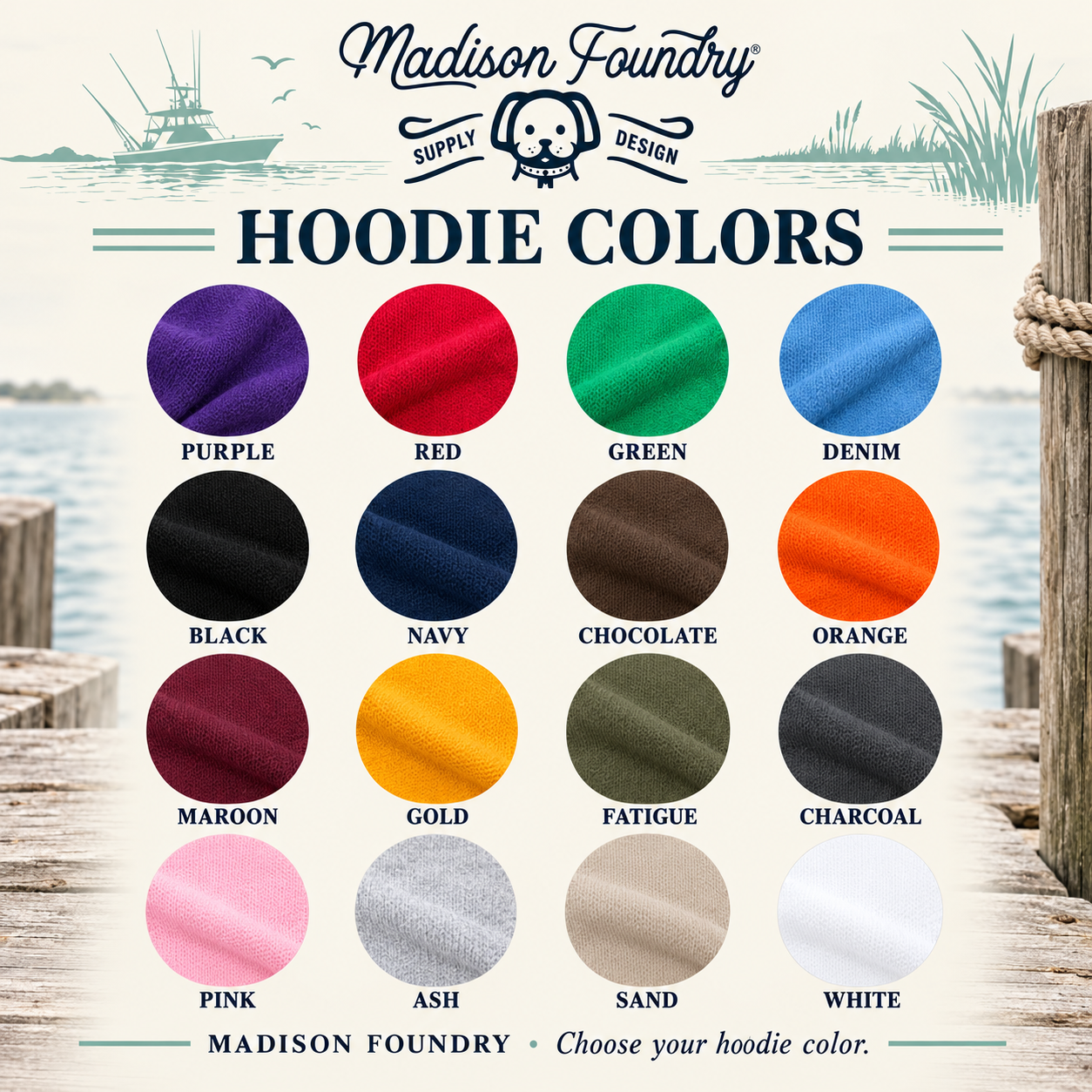 Sixteen hoodie colors in a coastal fishing chart