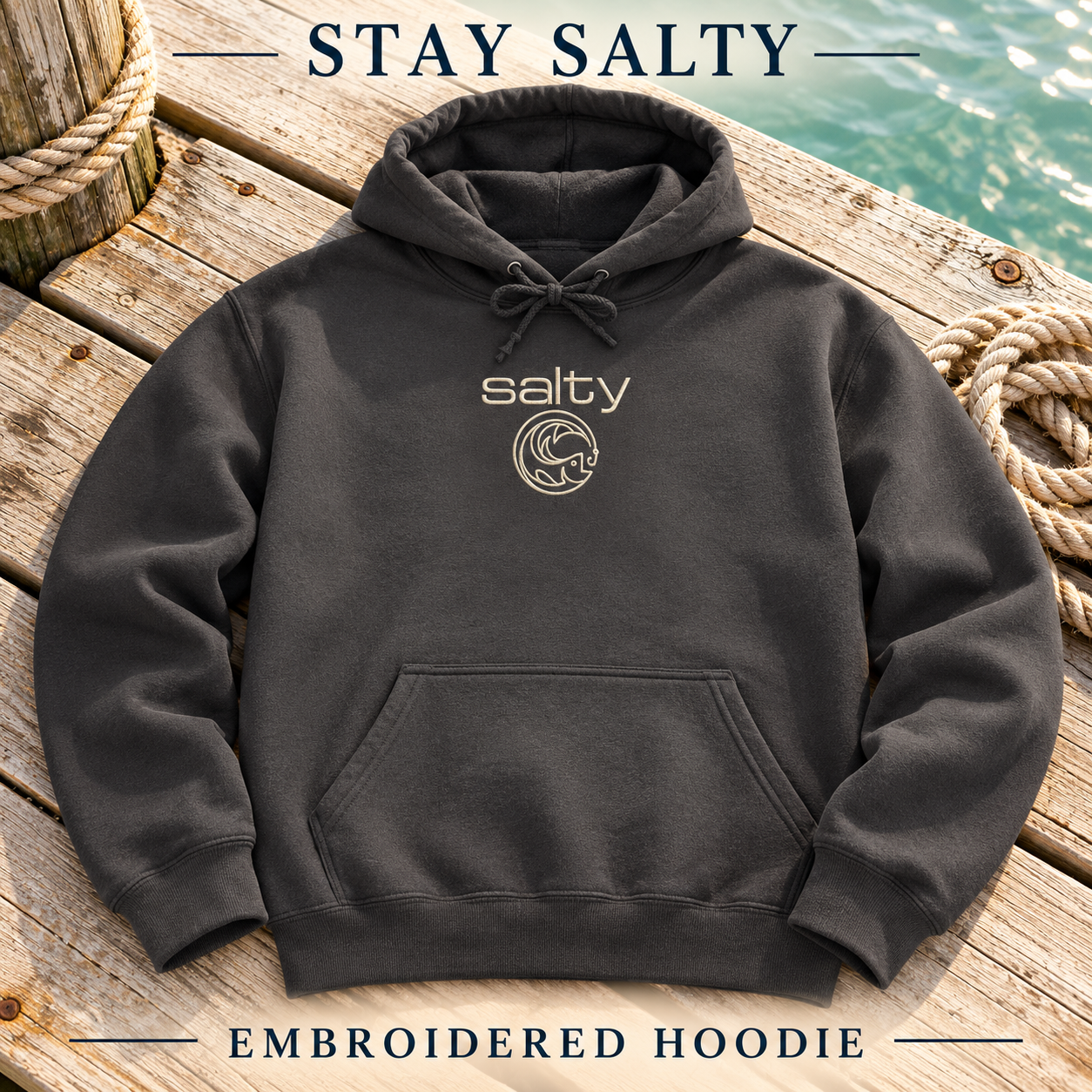 Charcoal Salty Fish embroidered hoodie on a coastal fishing dock