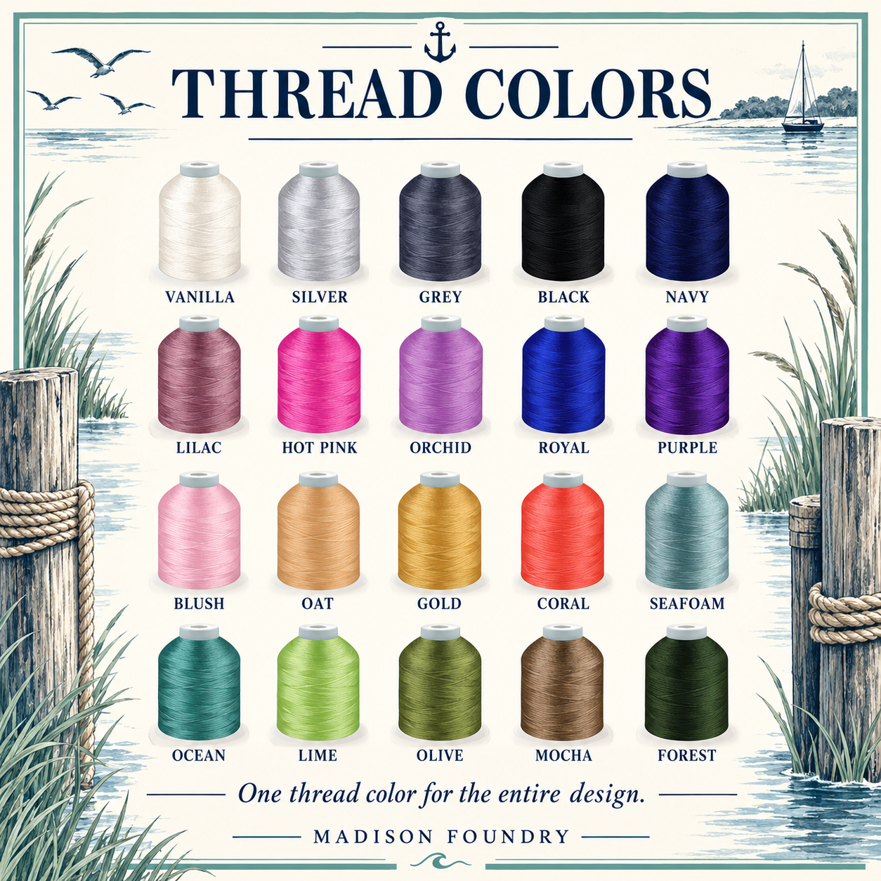 Twenty embroidery thread choices in a coastal fishing chart