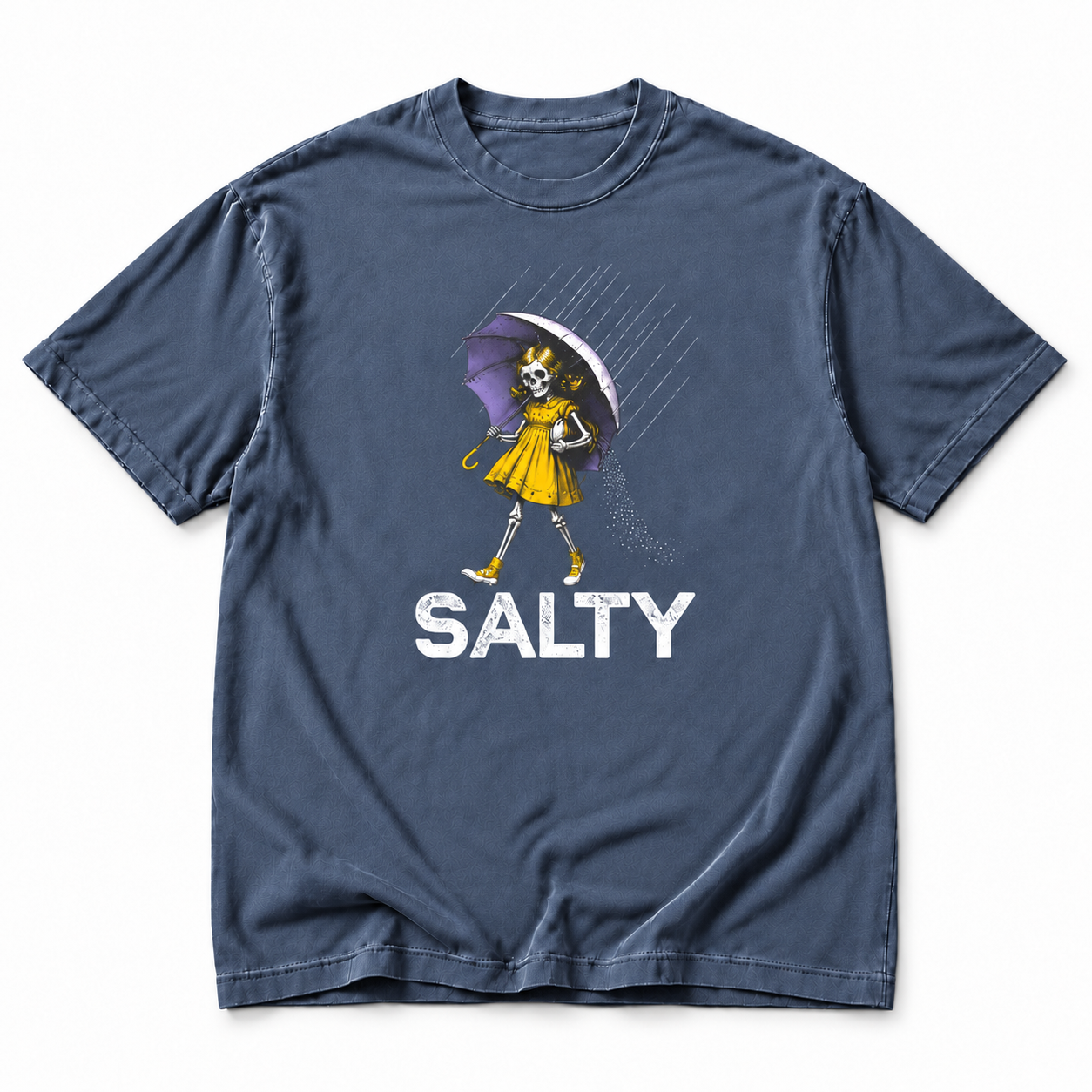 Salty Skeleton Umbrella Denim Comfort Colors tee on white