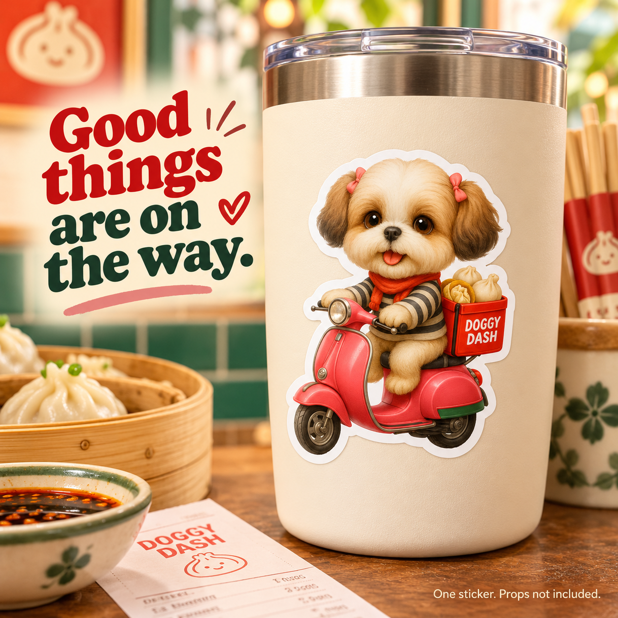 Shih Tzu scooter sticker on tumbler; props not included