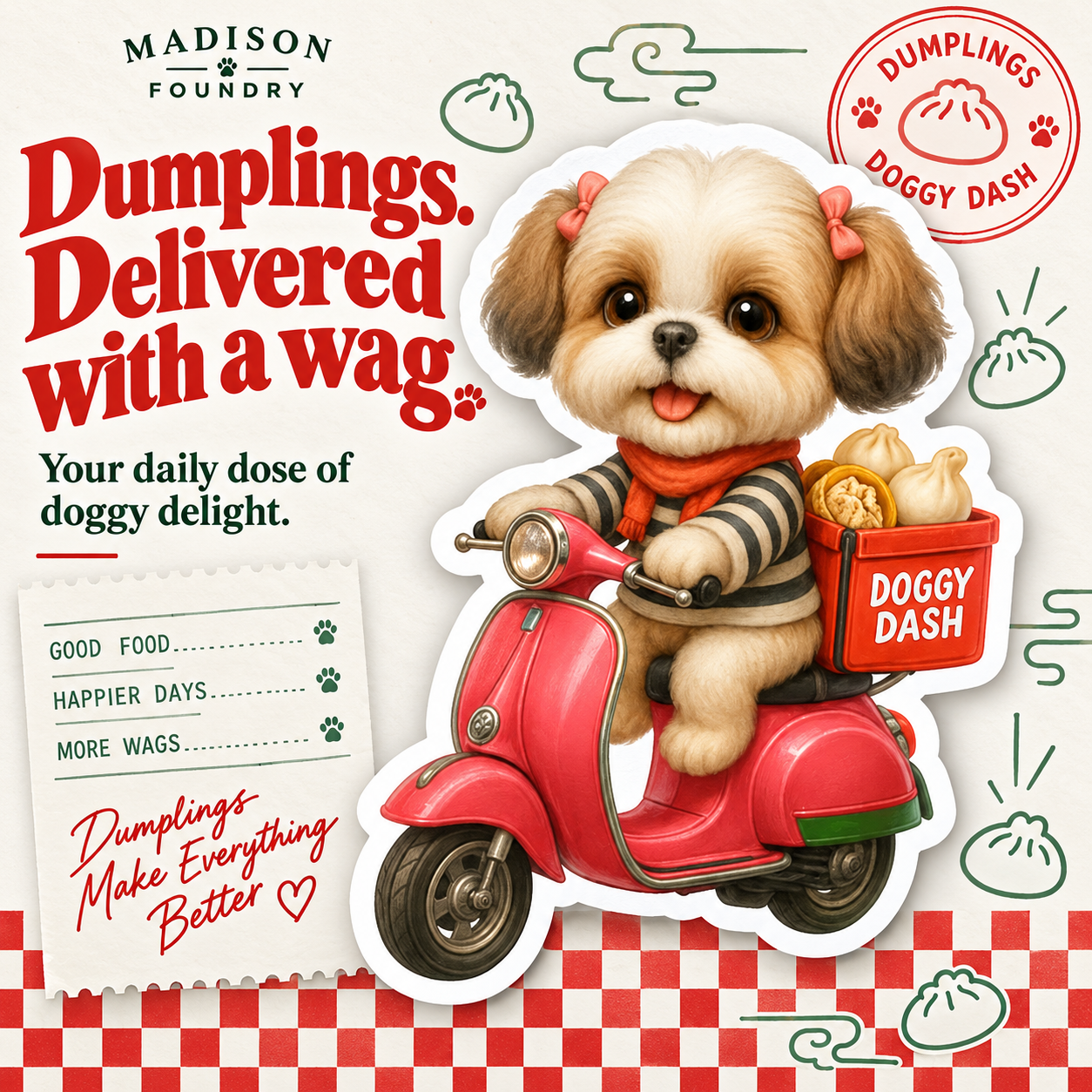 Dumplings delivered with a wag sticker