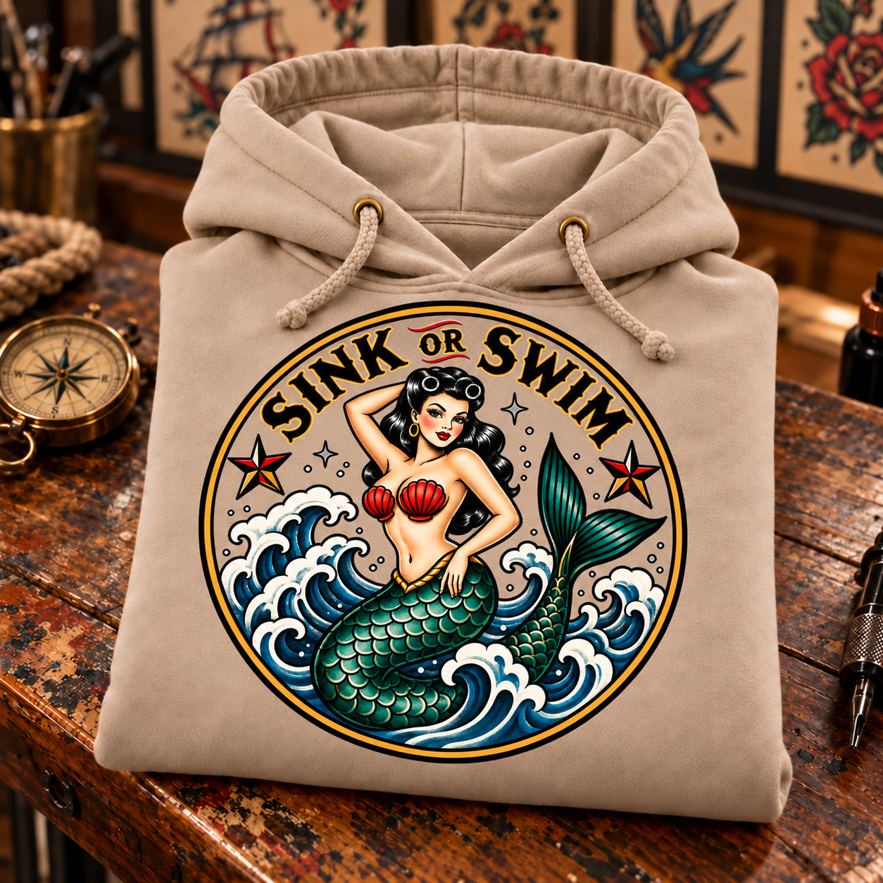 Folded Sand Sink or Swim Hoodie with unfilled artwork background