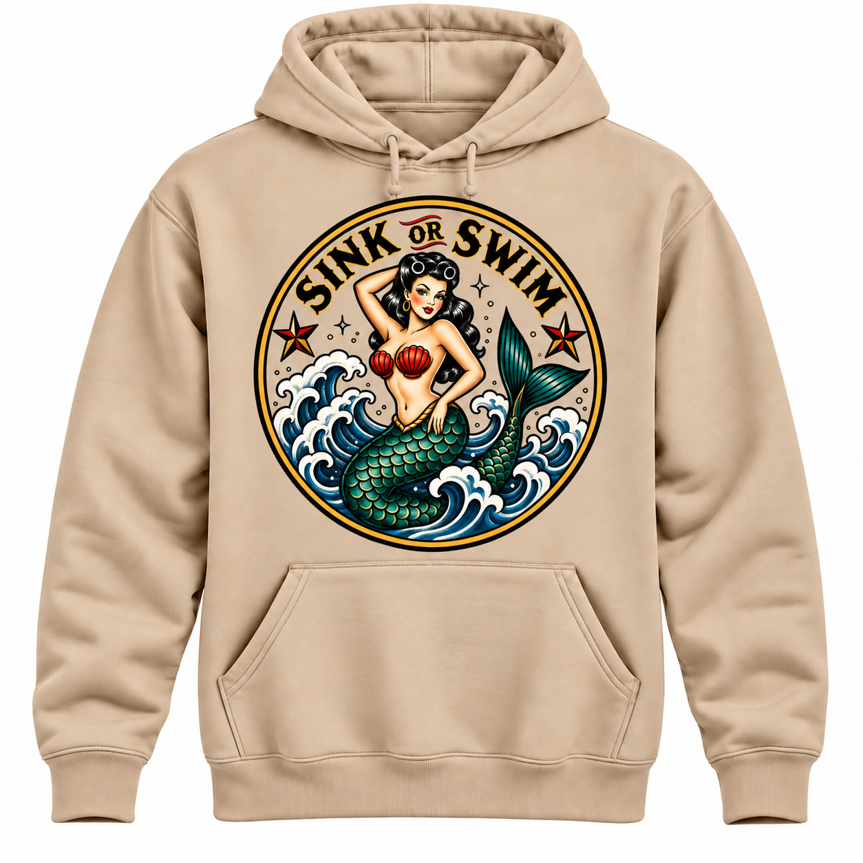 Sand Sink or Swim Mermaid Hoodie with fabric showing through artwork