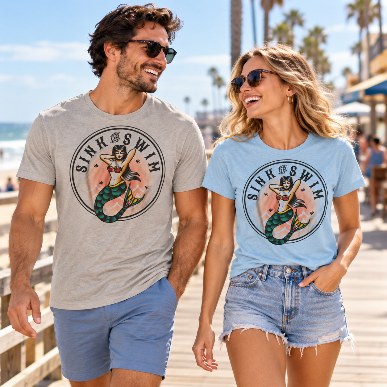 Man and woman wearing Sink or Swim tri-blend tees