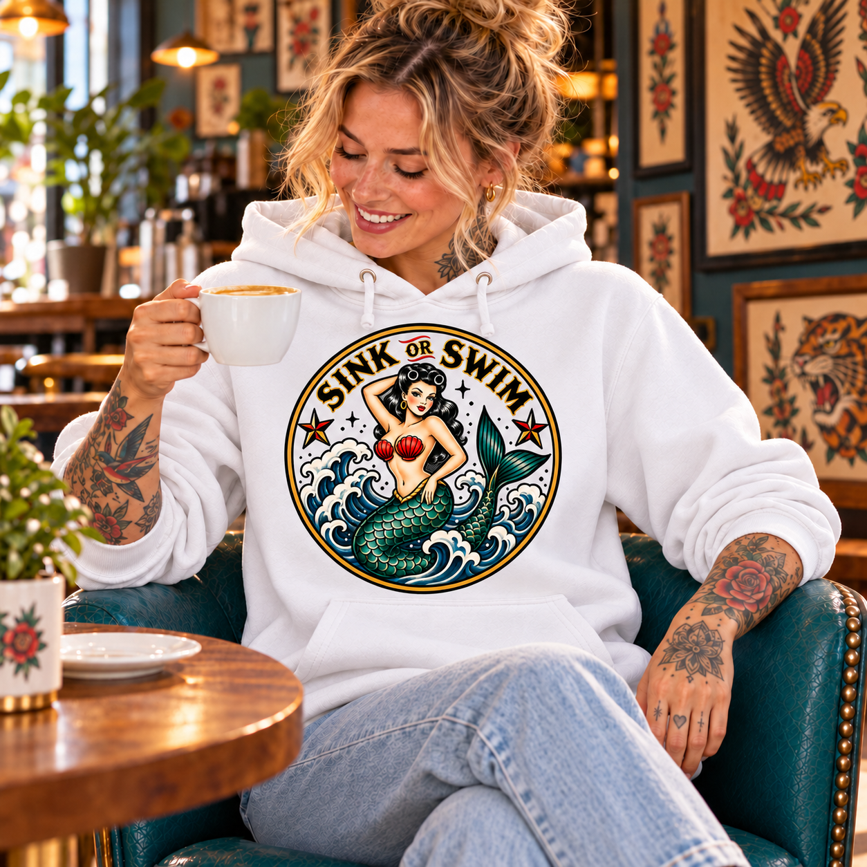 Tattooed woman in white Sink or Swim hoodie without dark background fill