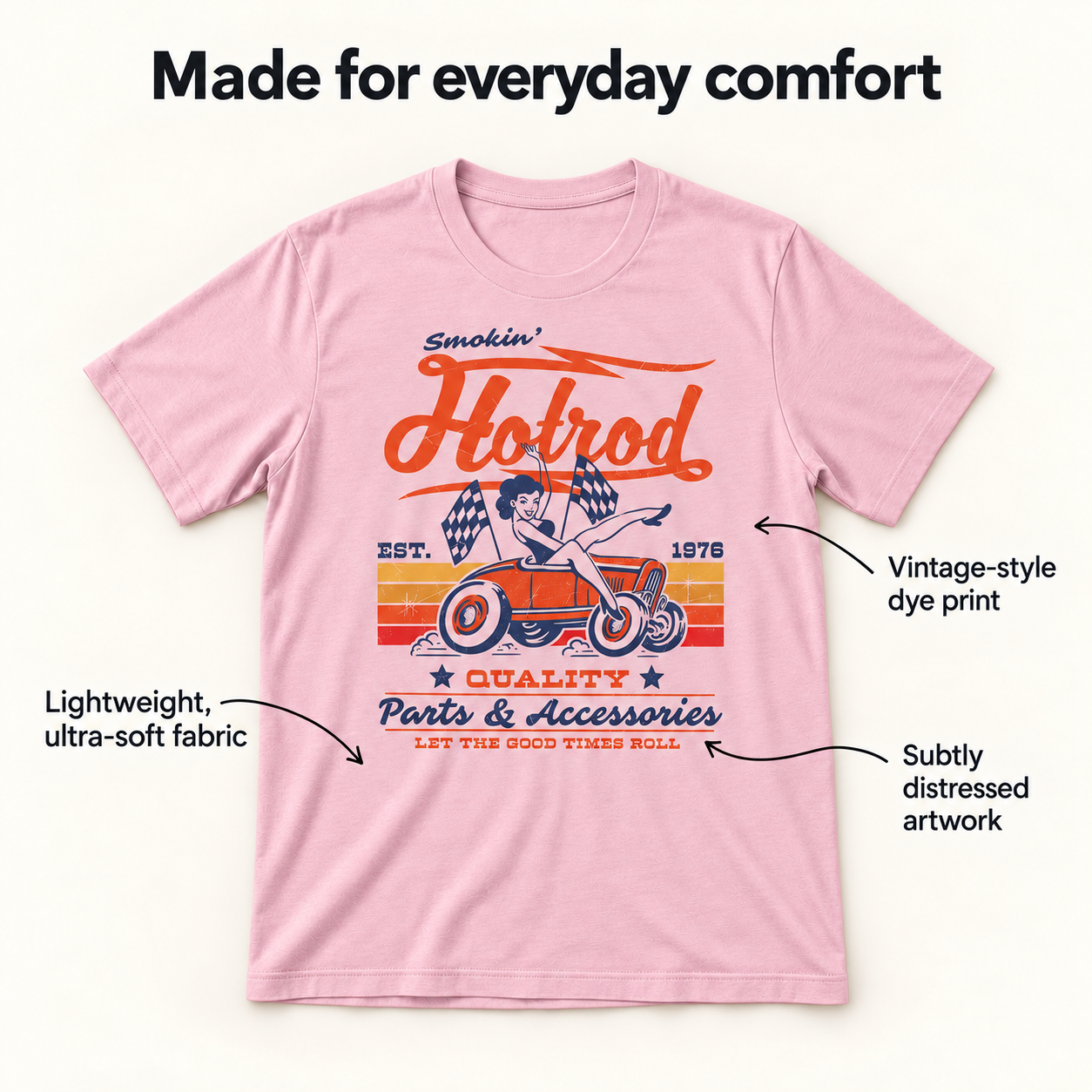 Smoking Hot Rod tee fabric and print details