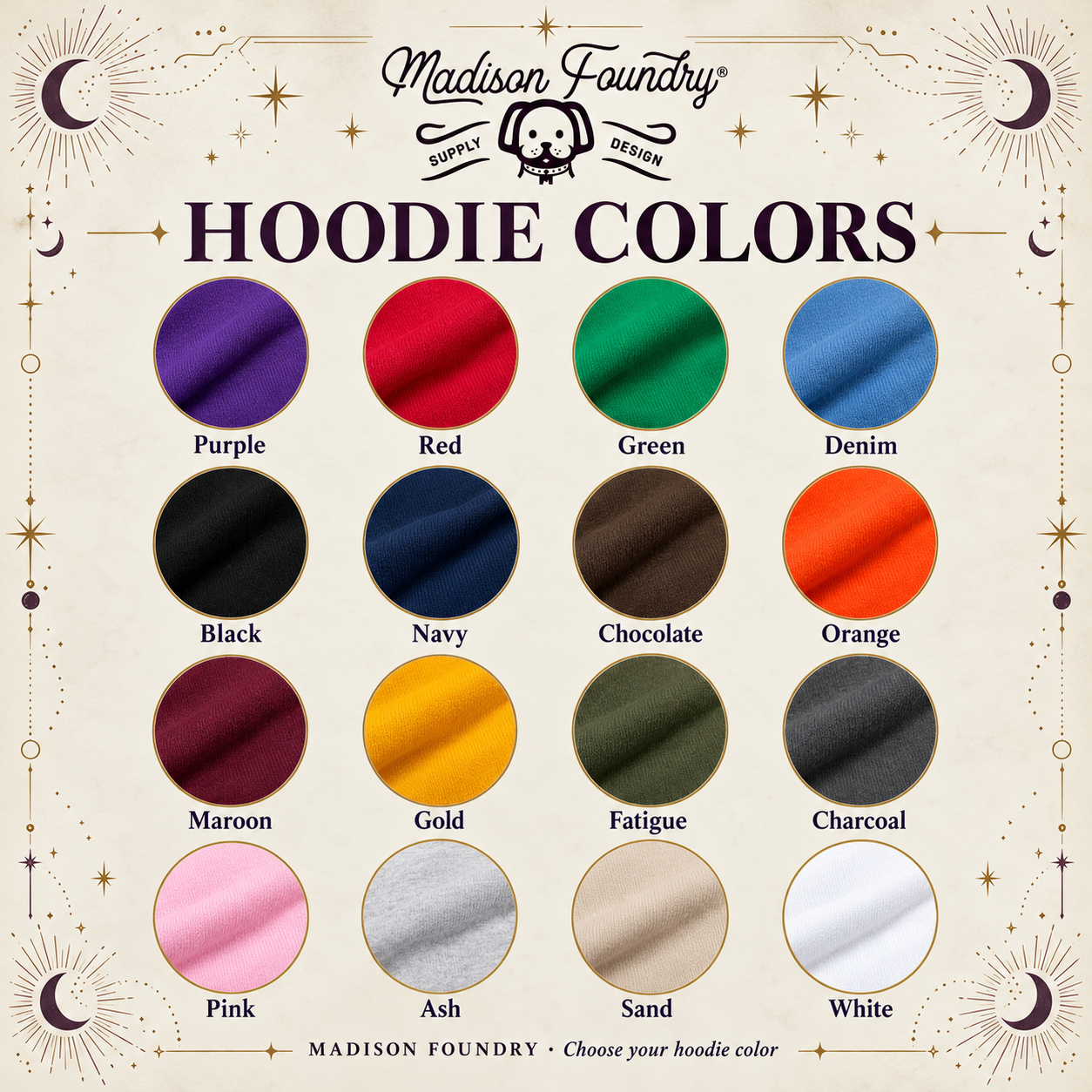 Sixteen hoodie colors with celestial chart styling