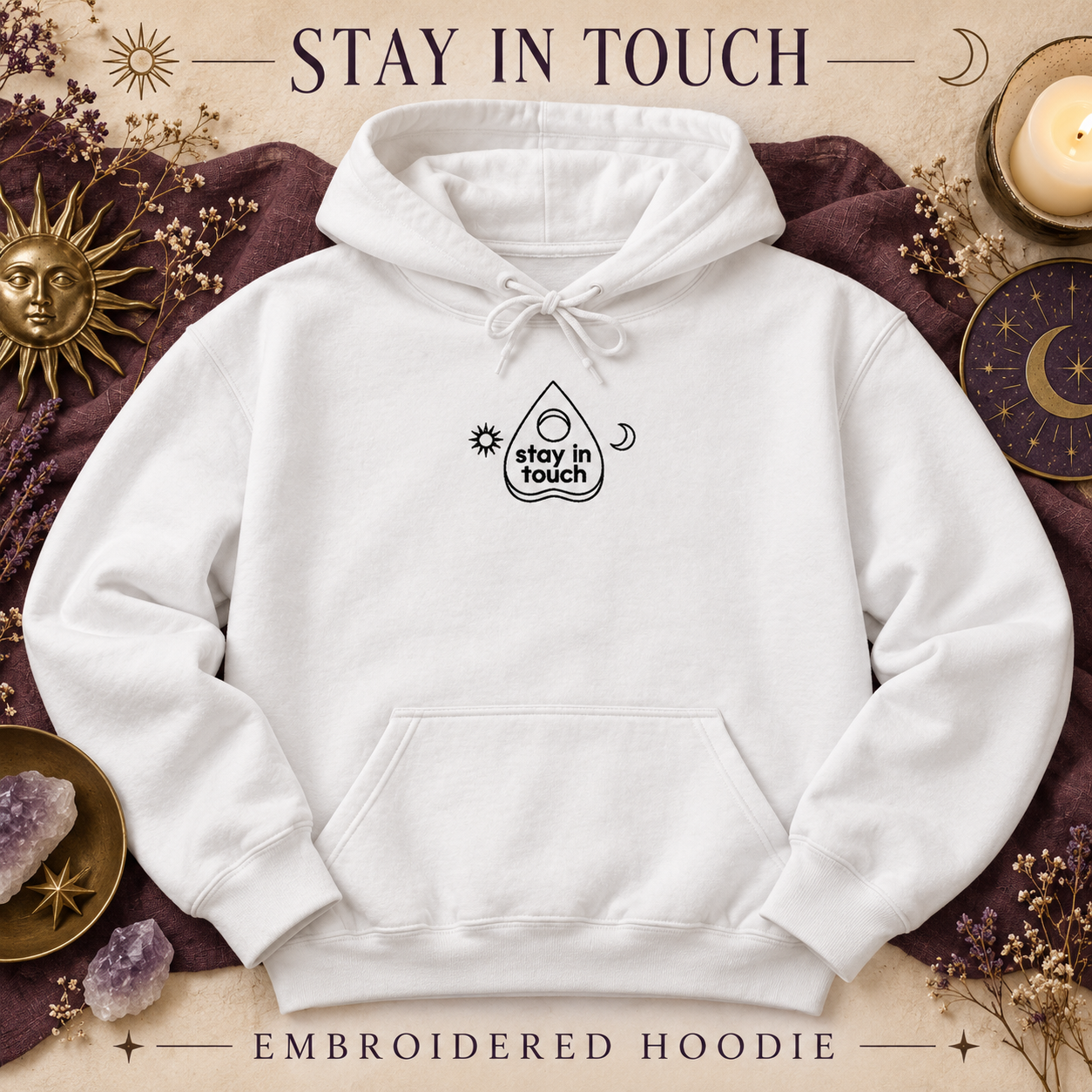 White Stay in Touch embroidered hoodie with celestial styling