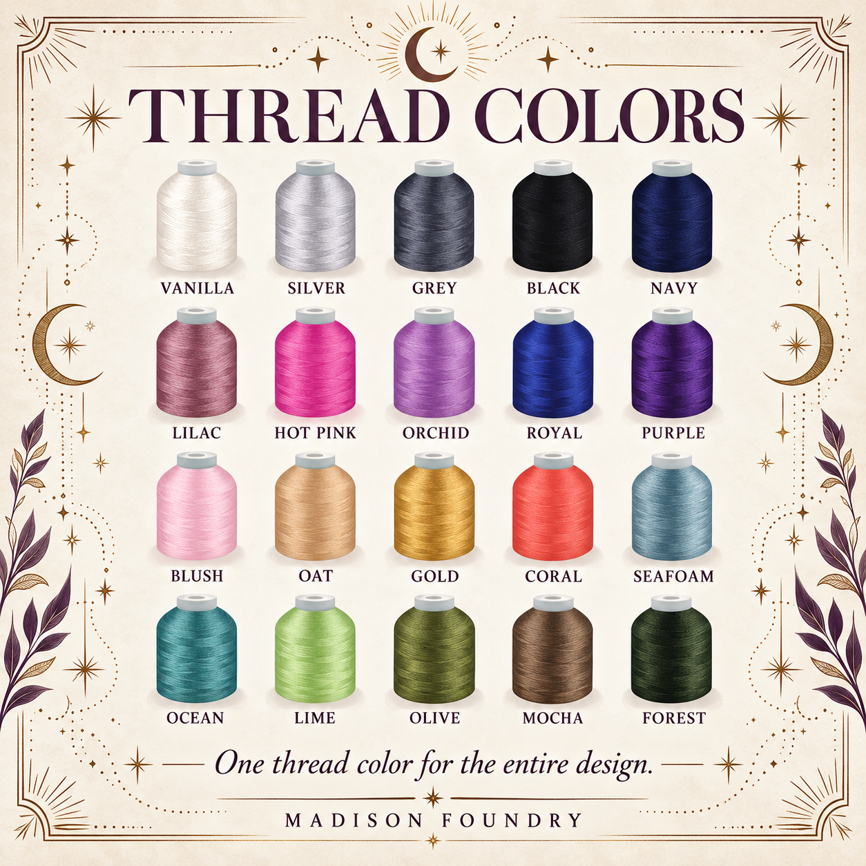 Twenty embroidery thread colors with celestial styling