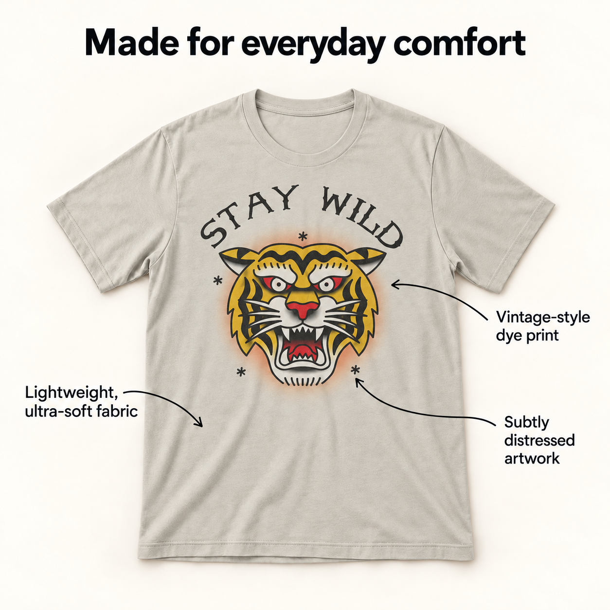 Stay Wild tri-blend tee fabric and print details