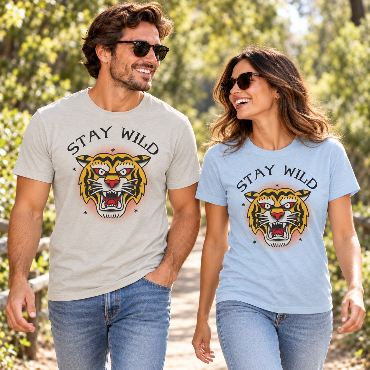 Man and woman wearing Stay Wild tiger tri-blend tees on a park trail