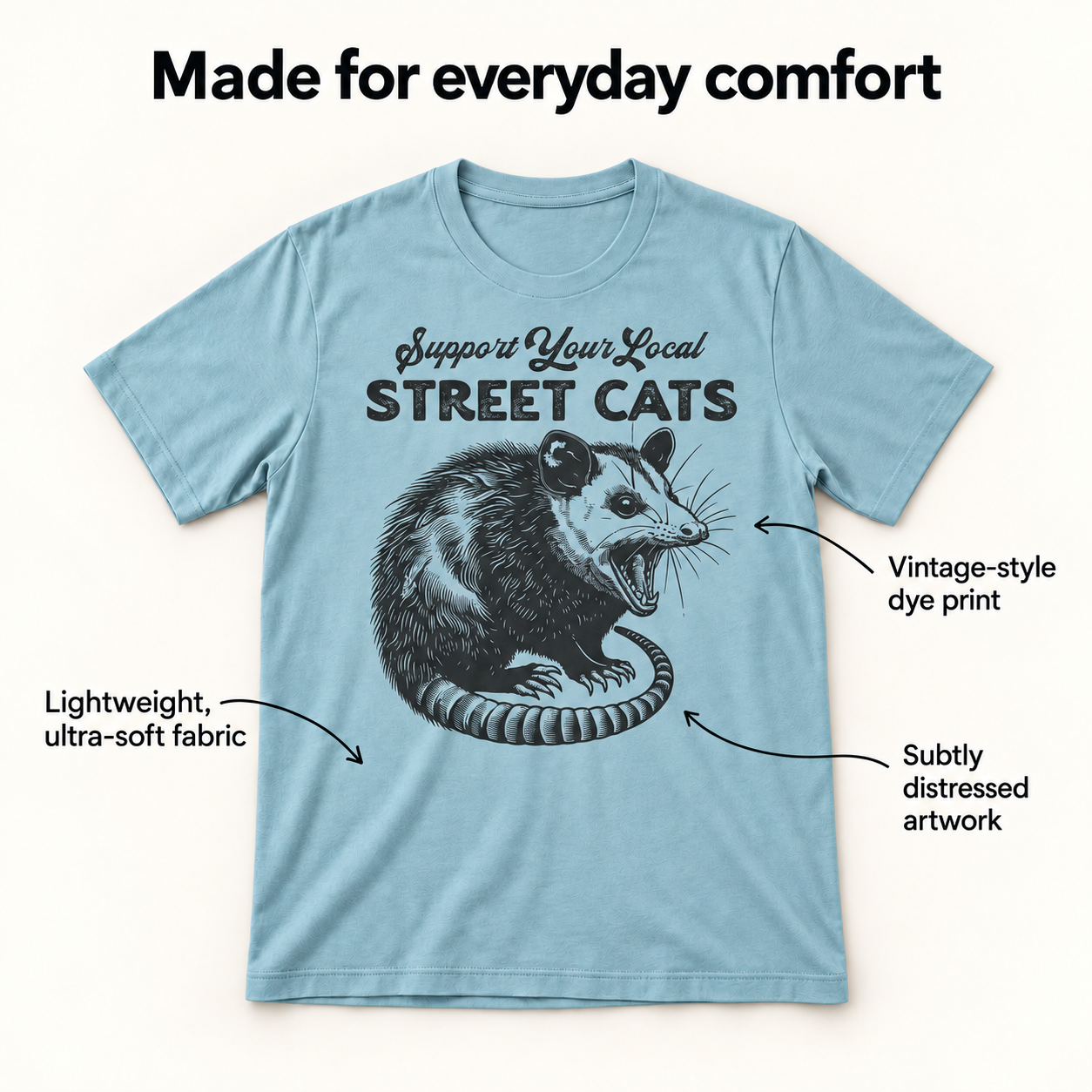 Street Cats tri-blend fabric and print details