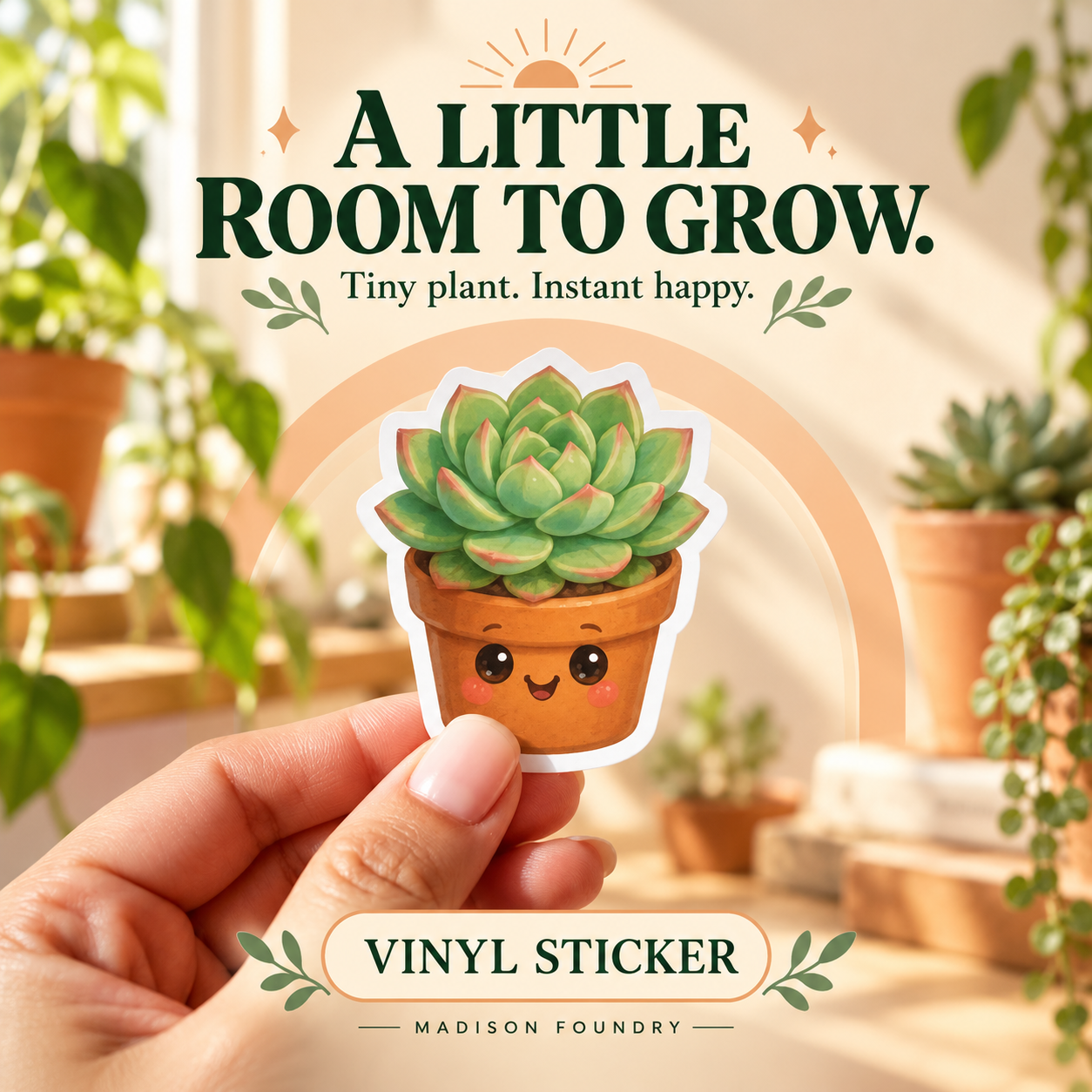 A Little Room to Grow — hand-held cute succulent sticker