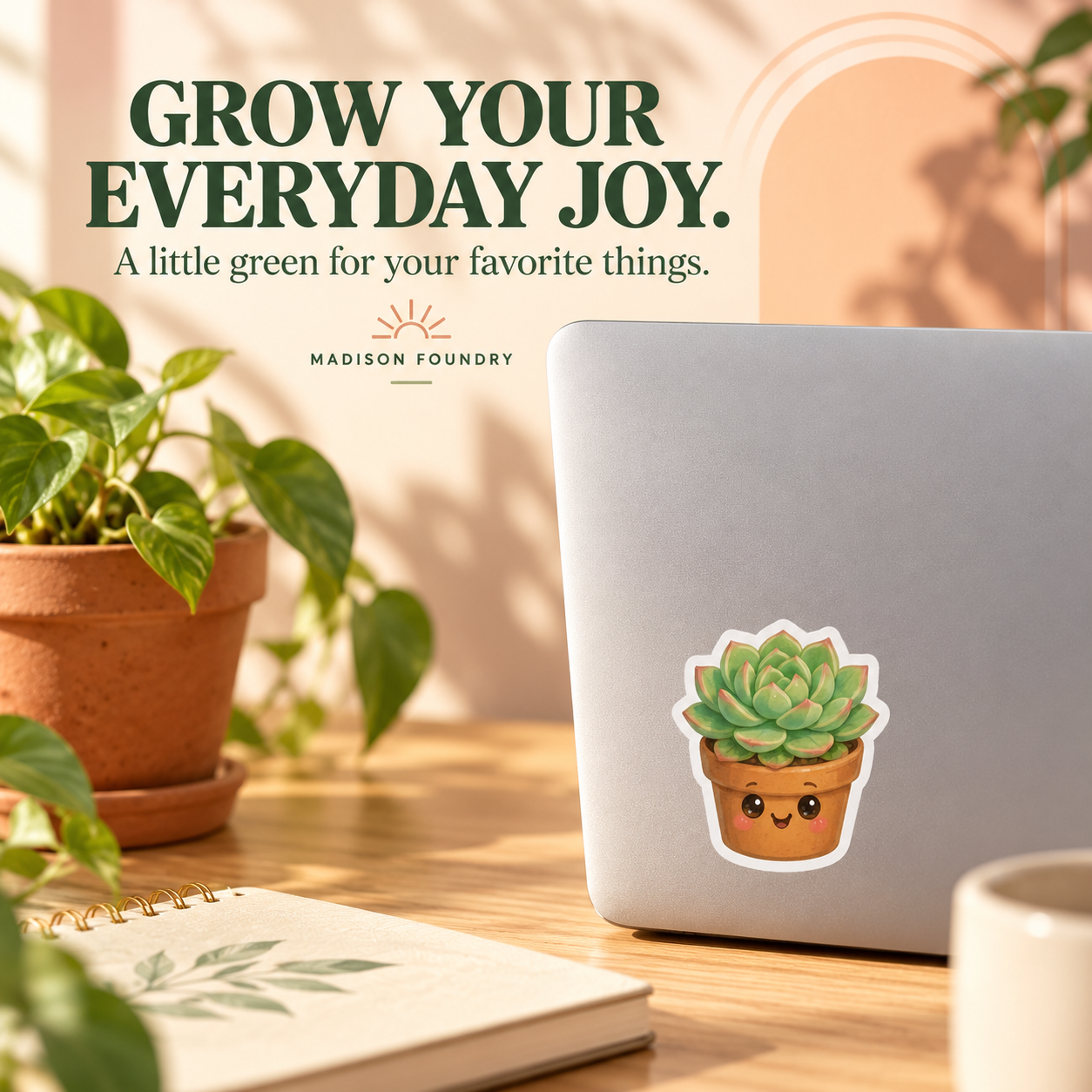 Grow Your Everyday Joy — succulent sticker on laptop