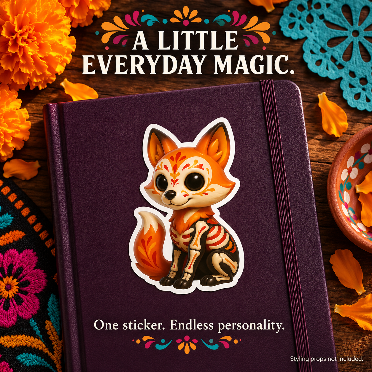 Sugar Skull Fox sticker styled on a plum notebook; props not included.