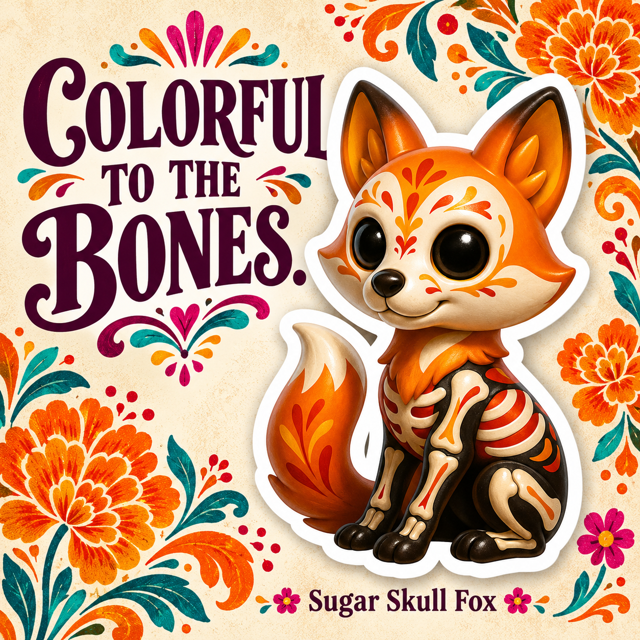 Sugar Skull Fox sticker on cream floral background; Colorful to the Bones.